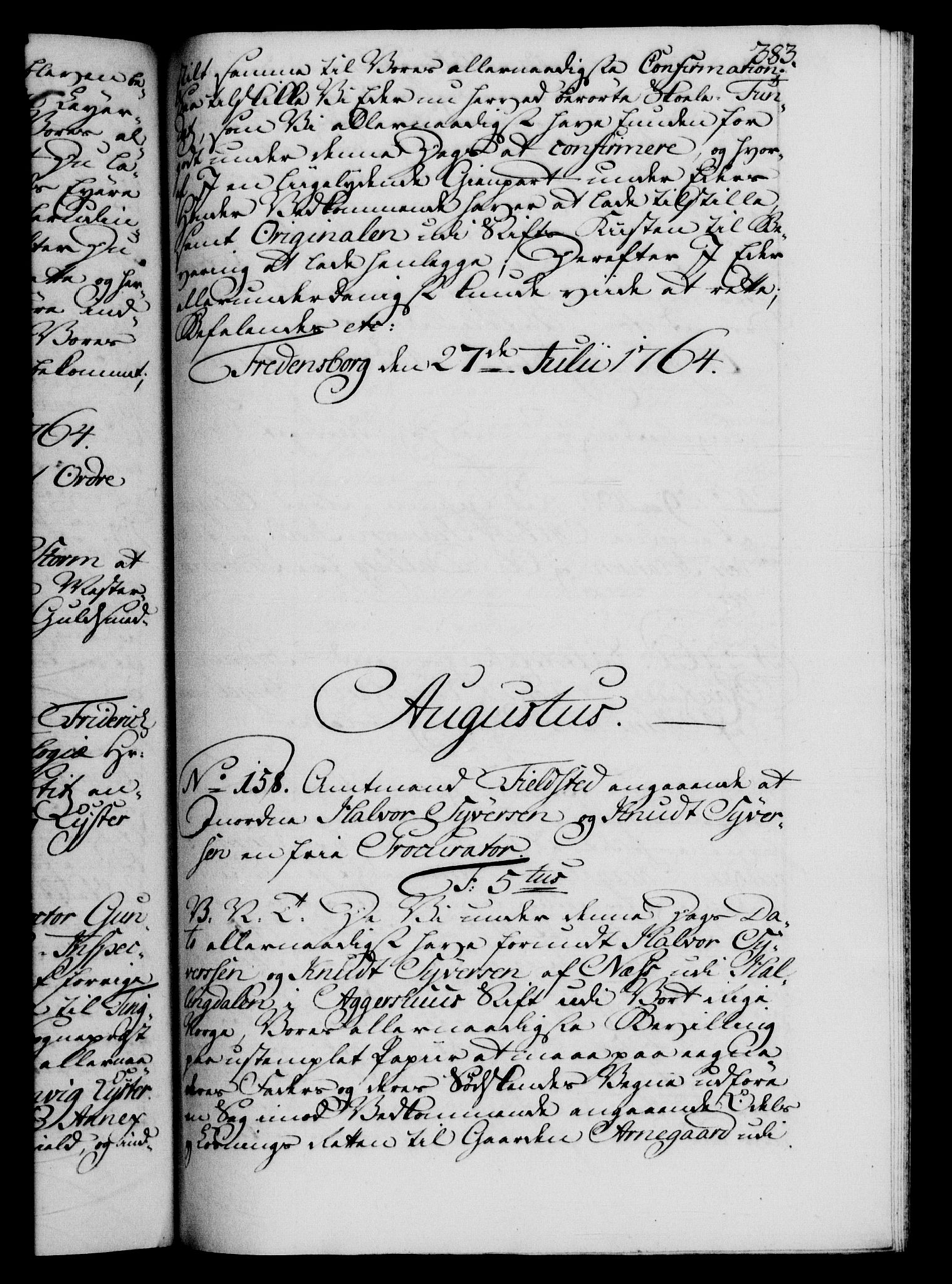 Danske Kanselli 1572-1799, RA/EA-3023/F/Fc/Fca/Fcab/L0037: Norske tegnelser, 1762-1766, s. 383a