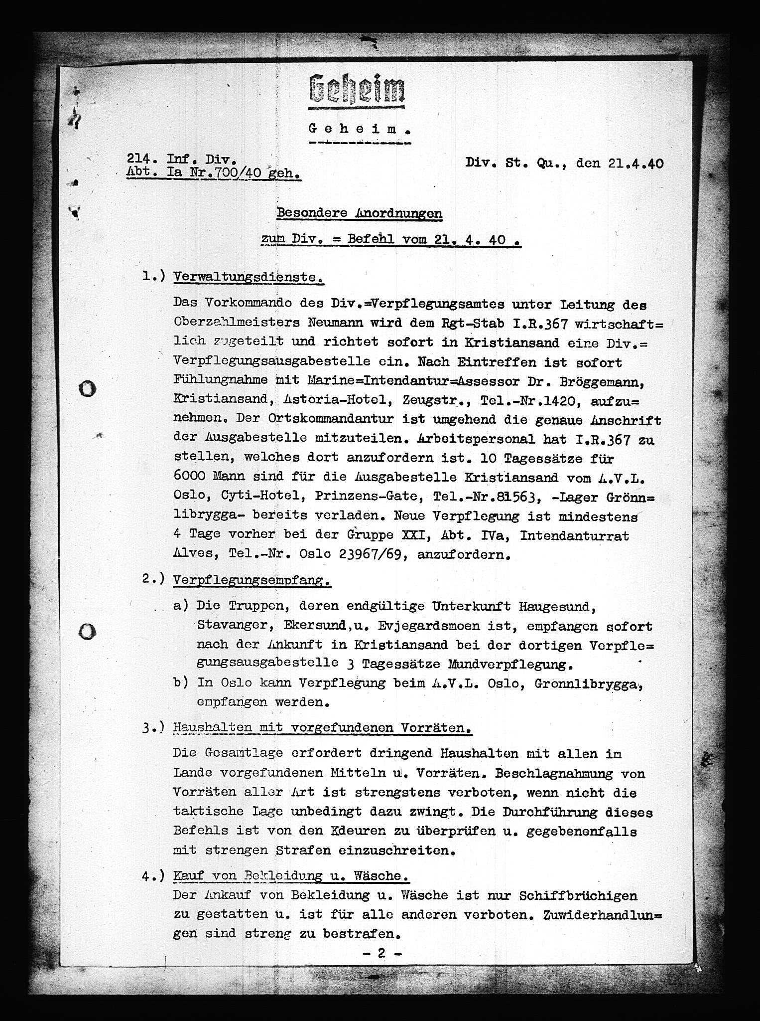 Documents Section, AV/RA-RAFA-2200/V/L0088: Amerikansk mikrofilm "Captured German Documents".
Box No. 727.  FKA jnr. 601/1954., 1939-1940, s. 292