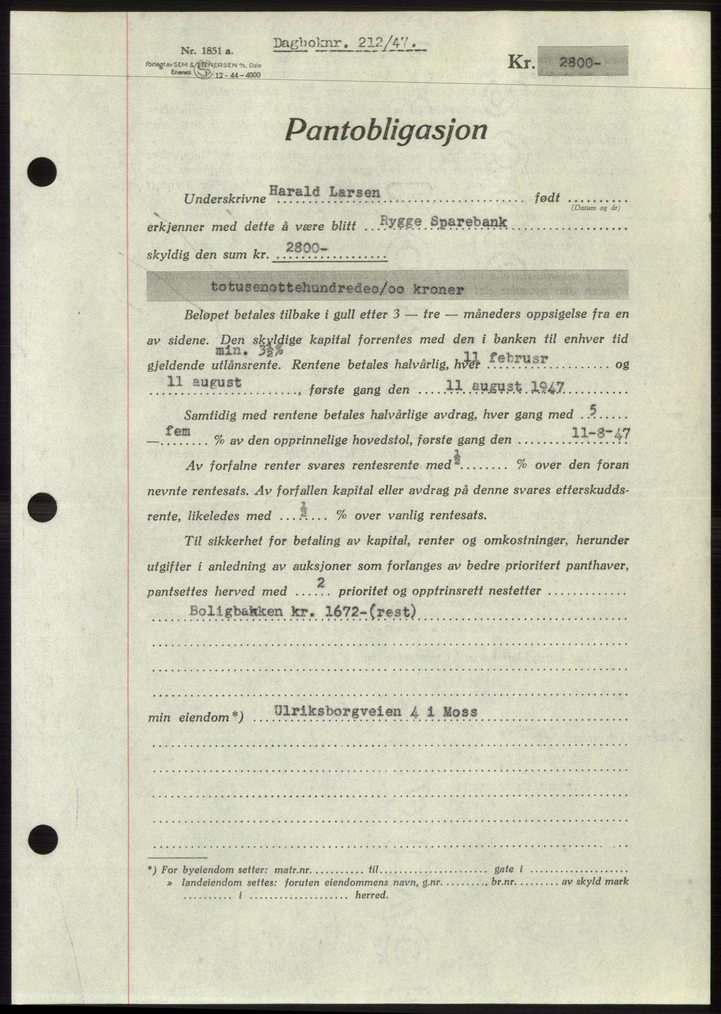 Moss sorenskriveri, SAO/A-10168: Pantebok nr. B16, 1946-1947, Dagboknr: 212/1947