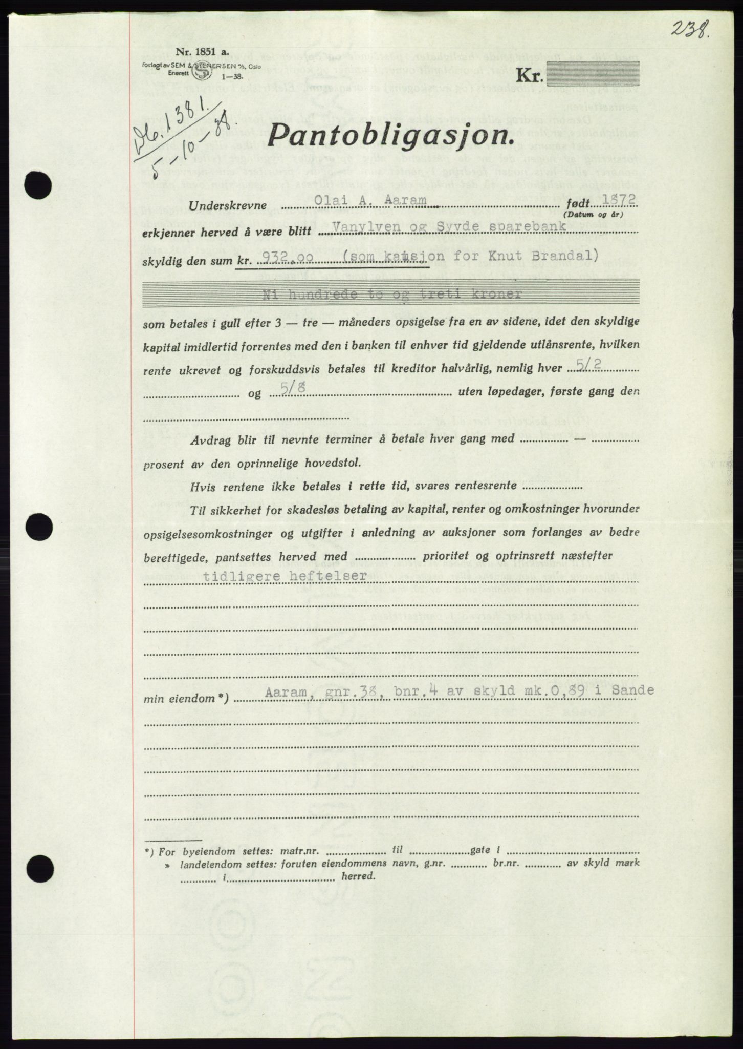 Søre Sunnmøre sorenskriveri, AV/SAT-A-4122/1/2/2C/L0066: Pantebok nr. 60, 1938-1938, Dagboknr: 1381/1938