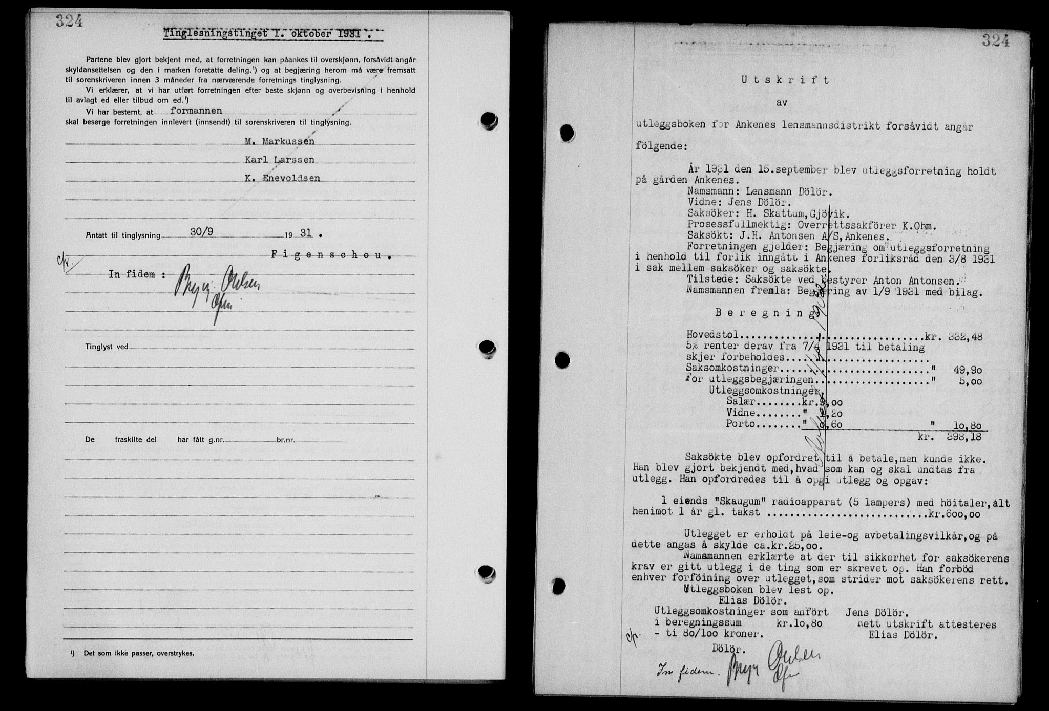 Steigen og Ofoten sorenskriveri, SAT/A-0030/1/2/2C/L0019: Pantebok nr. 22, 1931-1931, Tingl.dato: 01.10.1931