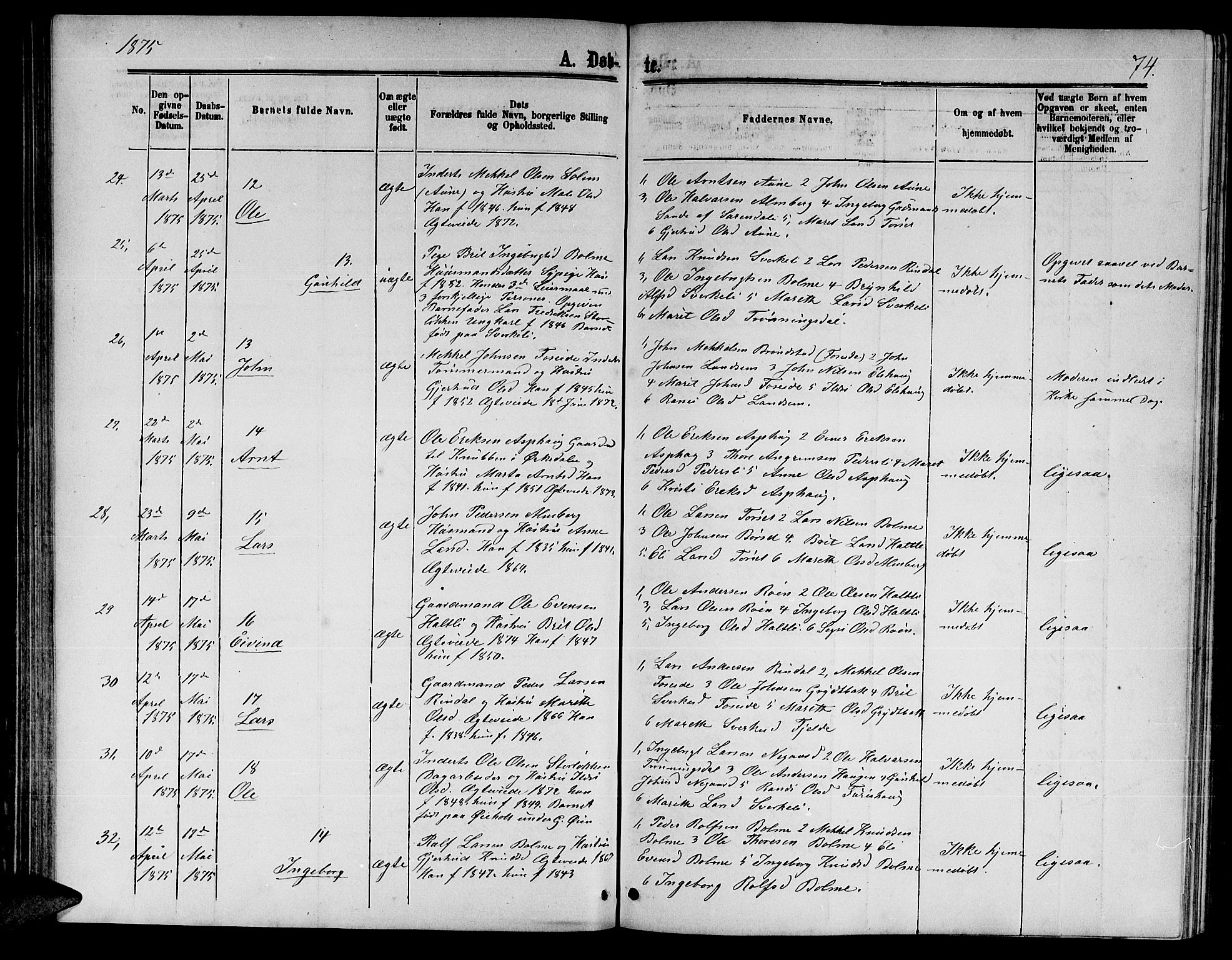 Ministerialprotokoller, klokkerbøker og fødselsregistre - Møre og Romsdal, AV/SAT-A-1454/598/L1076: Klokkerbok nr. 598C01, 1867-1878, s. 74