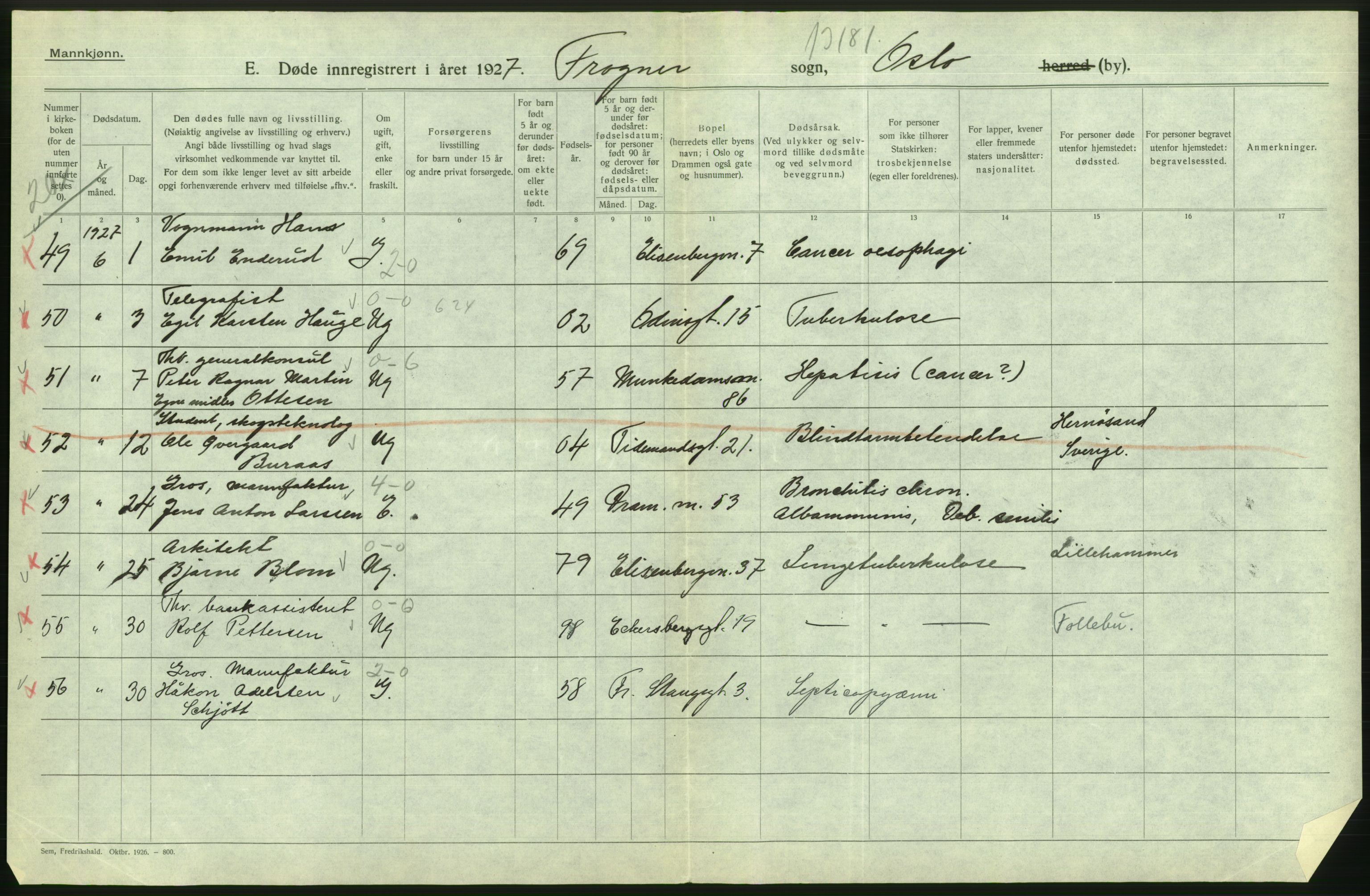 Statistisk sentralbyrå, Sosiodemografiske emner, Befolkning, AV/RA-S-2228/D/Df/Dfc/Dfcg/L0009: Oslo: Døde menn, 1927, s. 104