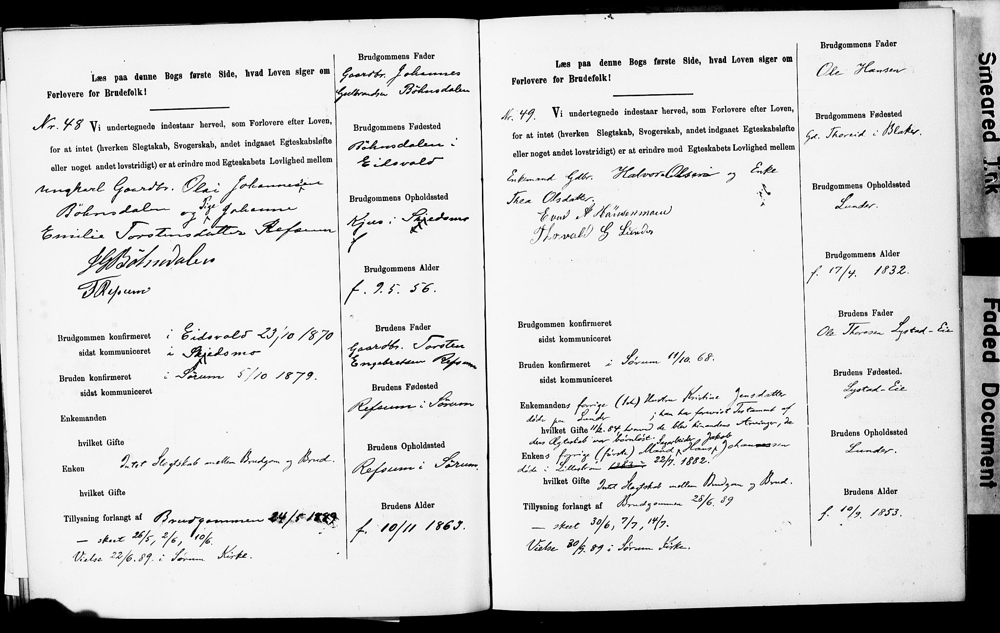 Sørum prestekontor Kirkebøker, AV/SAO-A-10303/H/Ha/L0001: Lysningsprotokoll nr. 1, 1887-1890