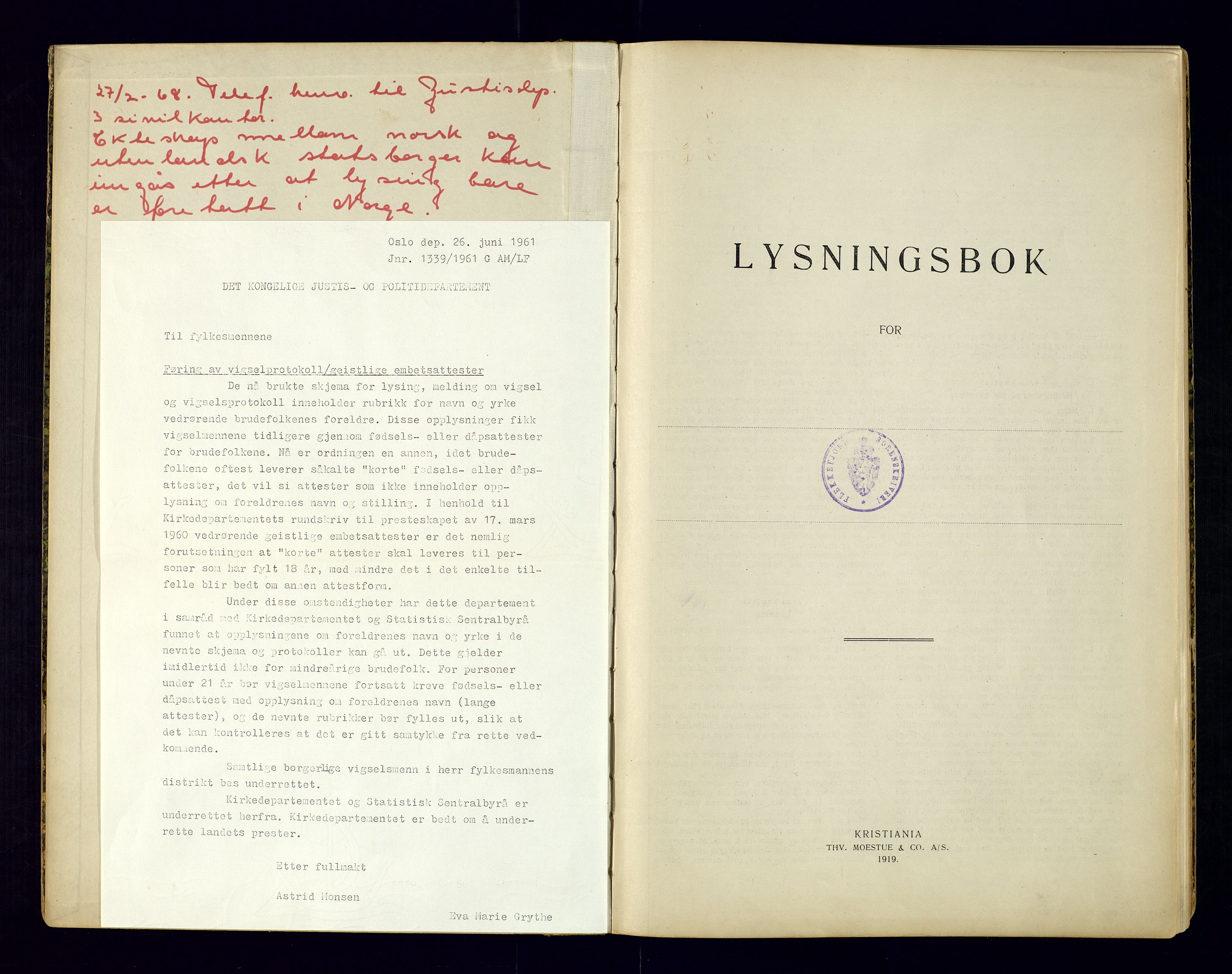 Flekkefjord sorenskriveri, SAK/1221-0001/L/Ld/L0001/0001: Lysings- og vigselprotokoller / Lysingsprotokoll, 1919-1968