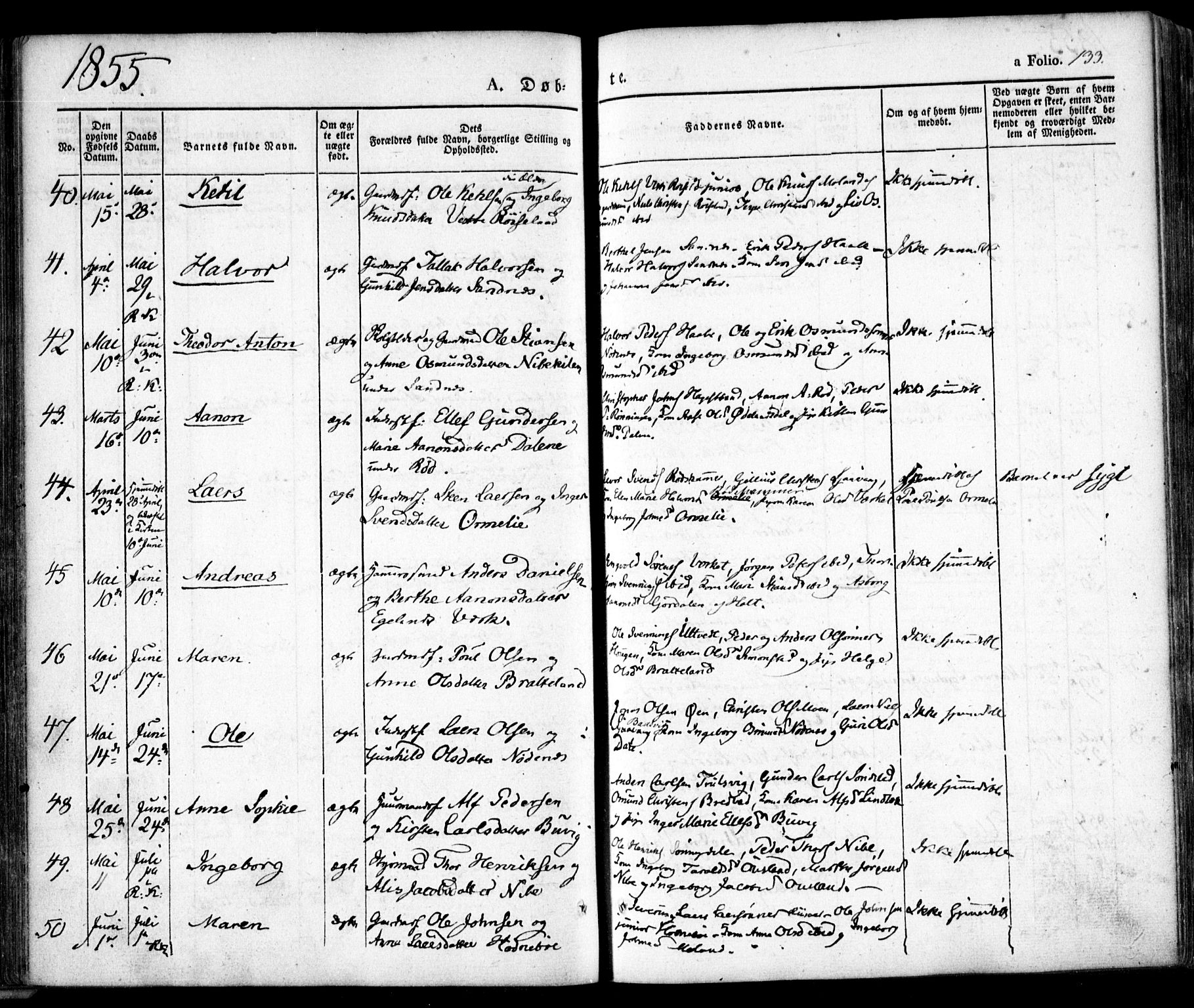 Søndeled sokneprestkontor, AV/SAK-1111-0038/F/Fa/L0002: Ministerialbok nr. A 2, 1839-1860, s. 133