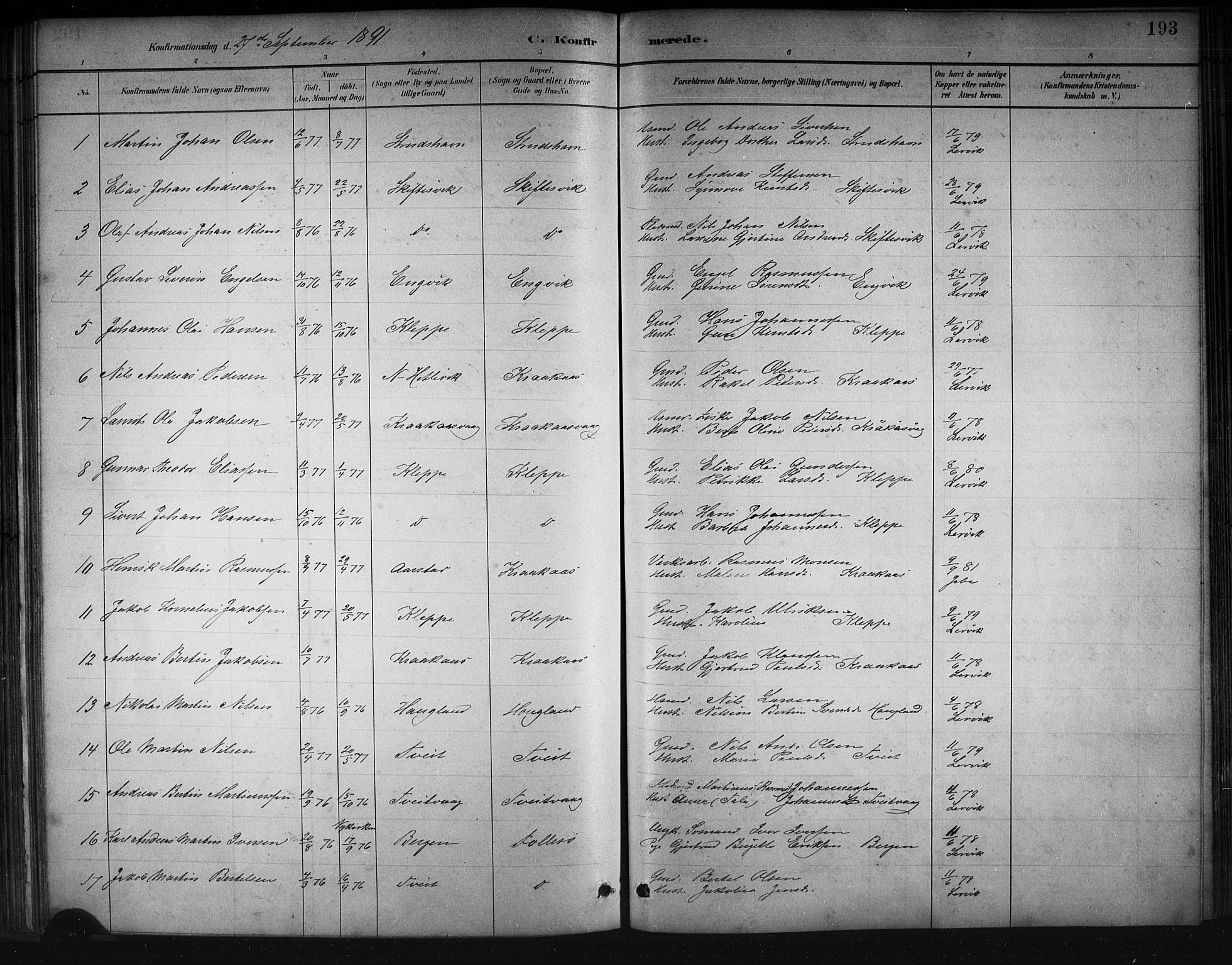 Askøy Sokneprestembete, AV/SAB-A-74101/H/Ha/Hab/Haba/L0008: Klokkerbok nr. A 8, 1882-1893, s. 193