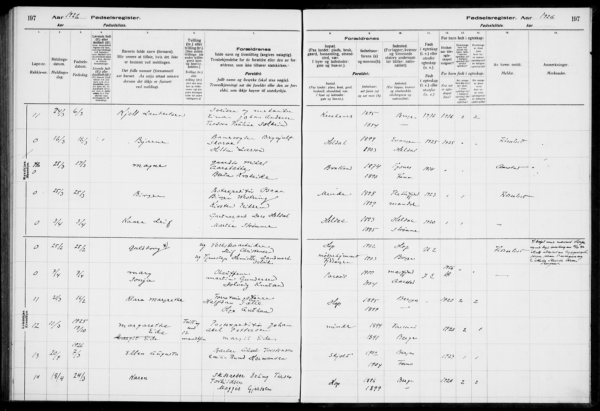 Birkeland Sokneprestembete, AV/SAB-A-74601/I/Id/L00A1: Fødselsregister nr. A 1, 1916-1926, s. 197