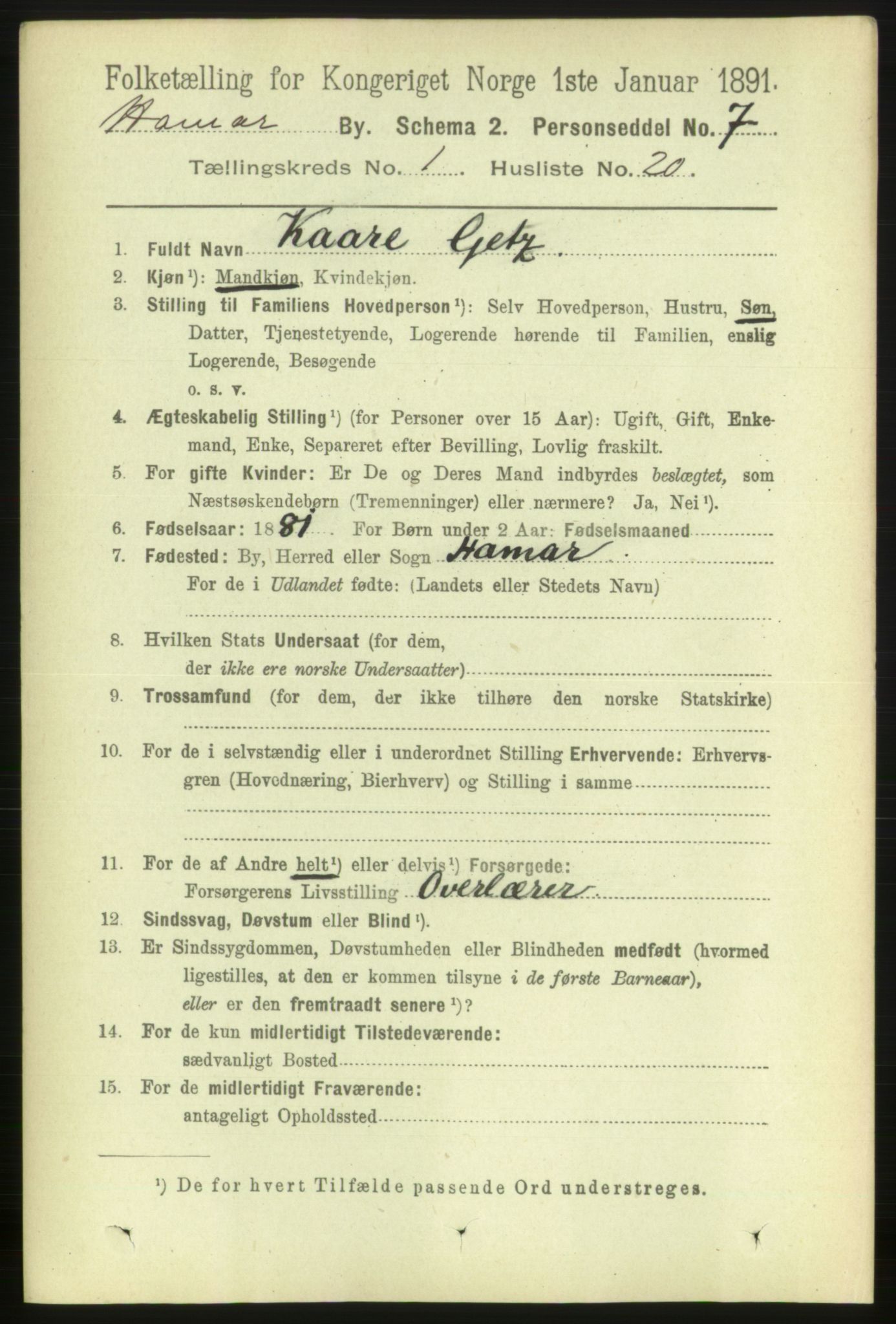 RA, Folketelling 1891 for 0401 Hamar kjøpstad, 1891, s. 281