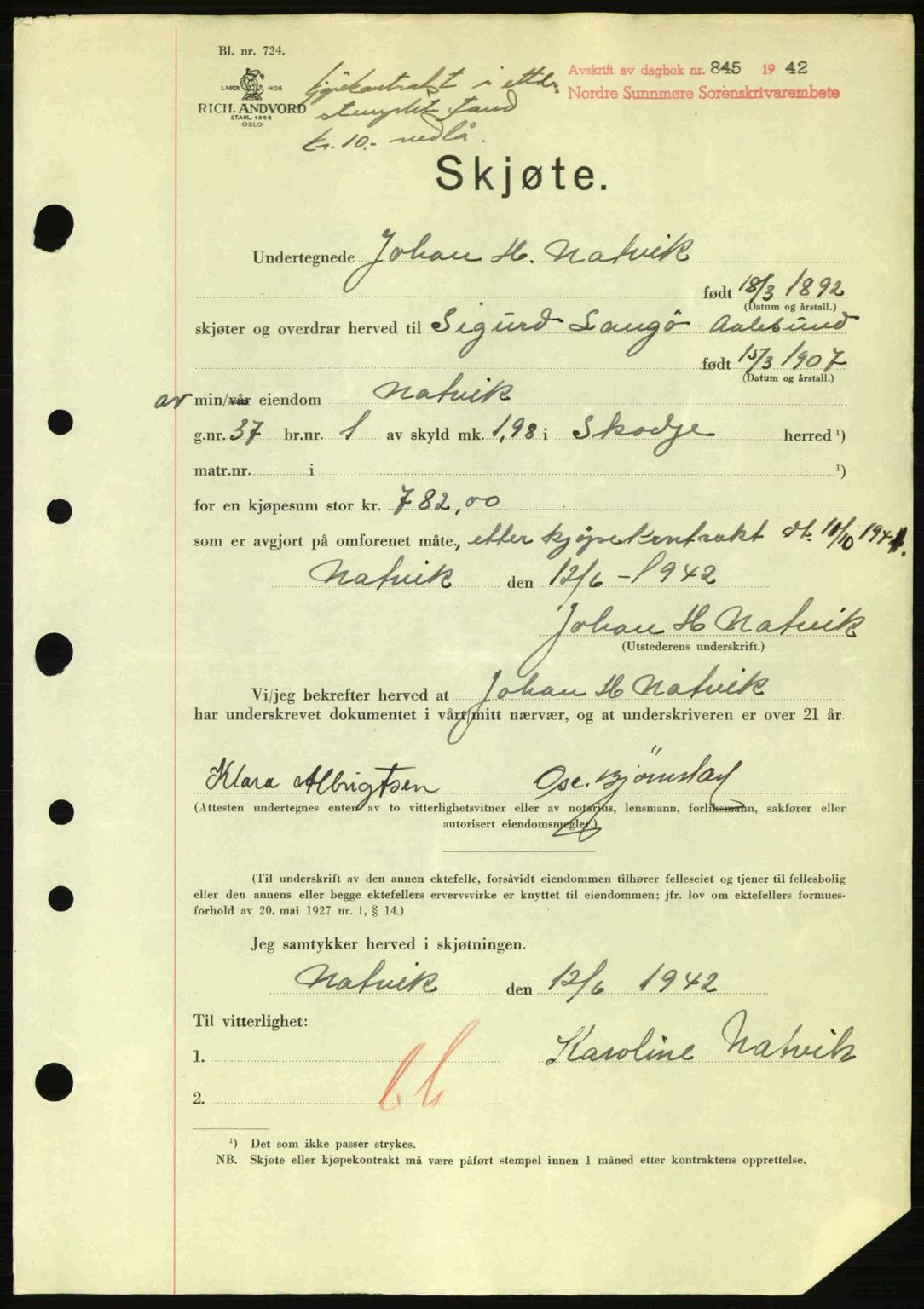 Nordre Sunnmøre sorenskriveri, AV/SAT-A-0006/1/2/2C/2Ca: Pantebok nr. A13, 1942-1942, Dagboknr: 845/1942