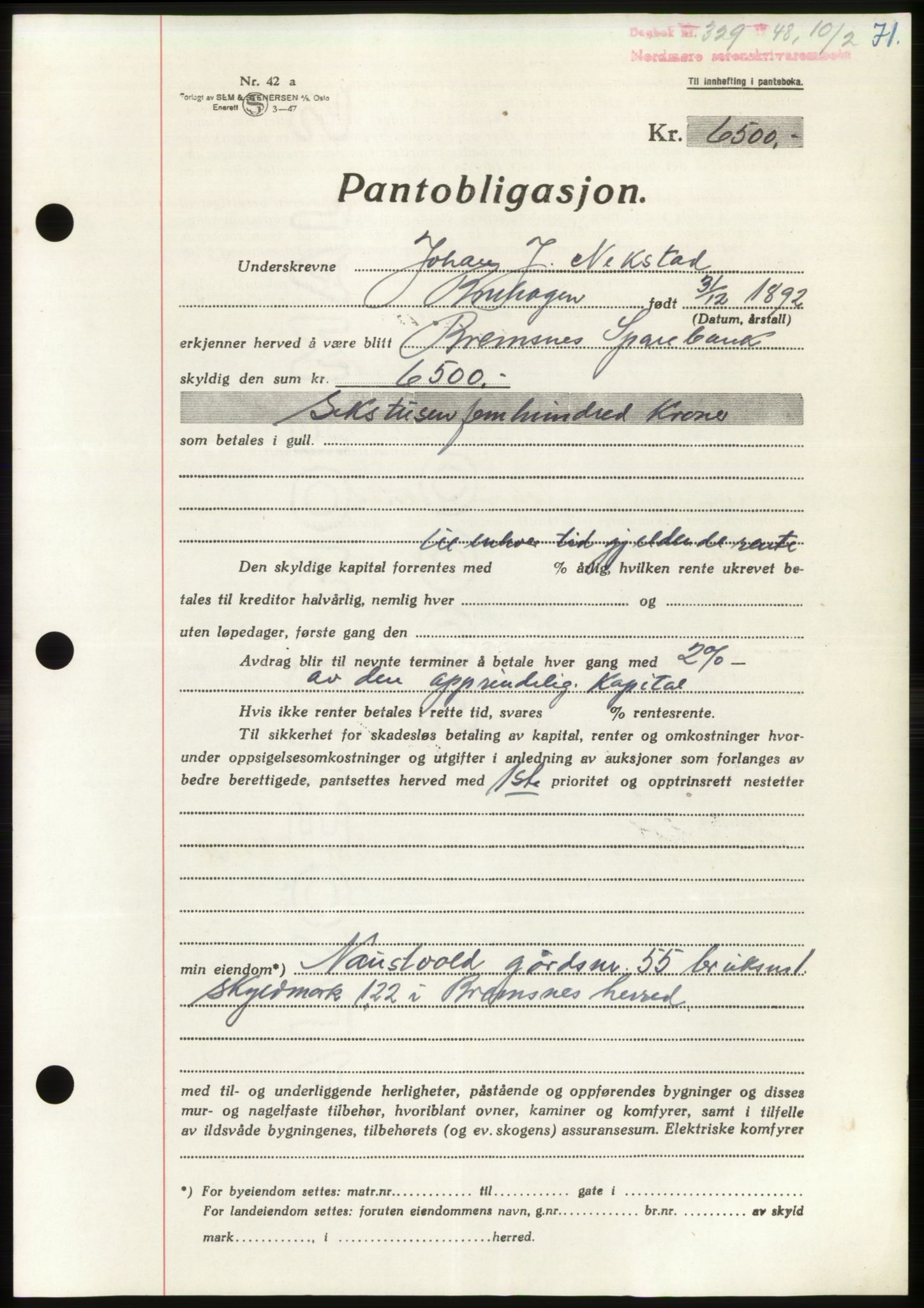 Nordmøre sorenskriveri, SAT/A-4132/1/2/2Ca: Pantebok nr. B98, 1948-1948, Dagboknr: 329/1948