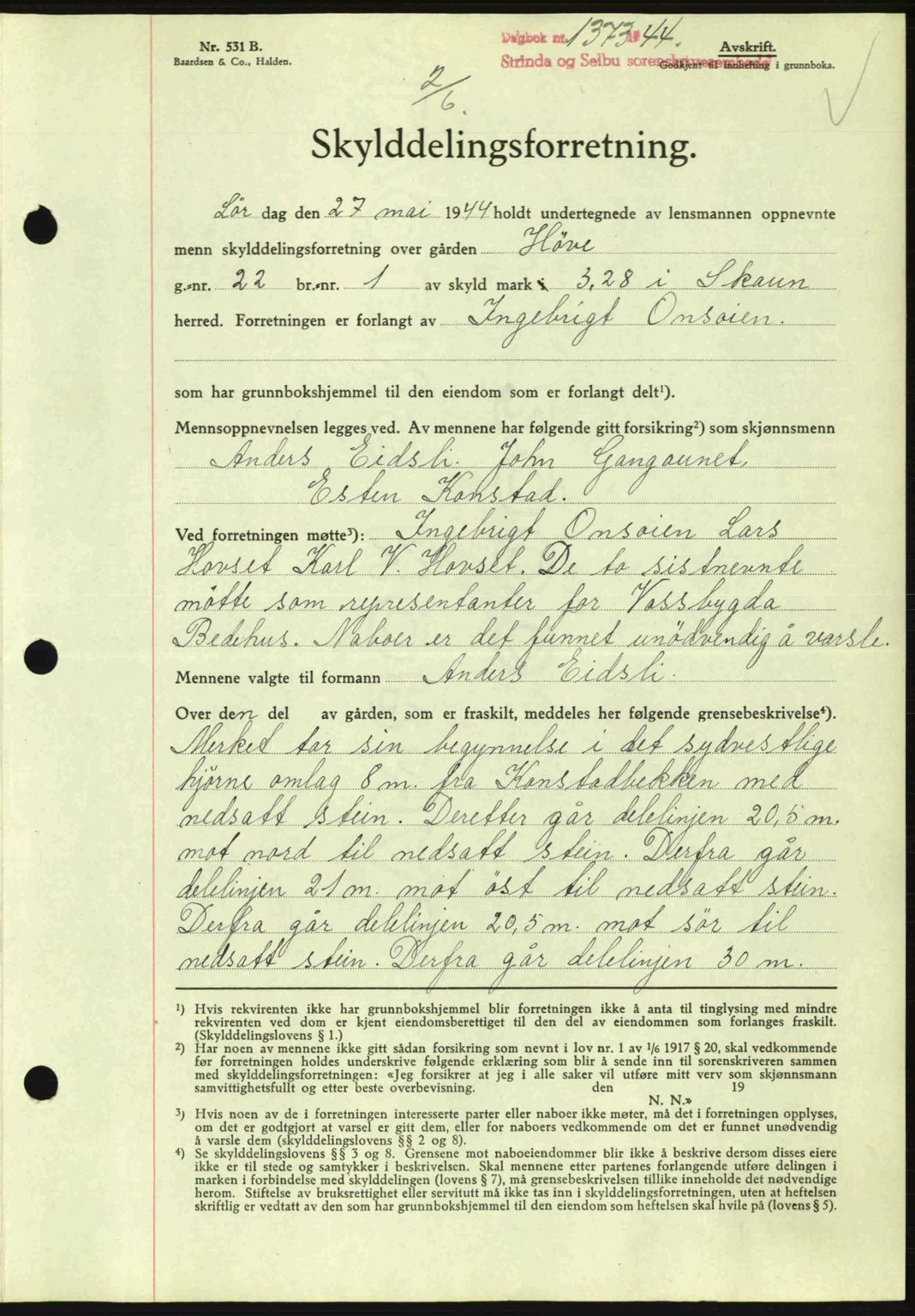 Strinda og Selbu sorenskriveri, SAT/A-0015/2/2C: Pantebok nr. A9, 1944-1945, Dagboknr: 1373/1944