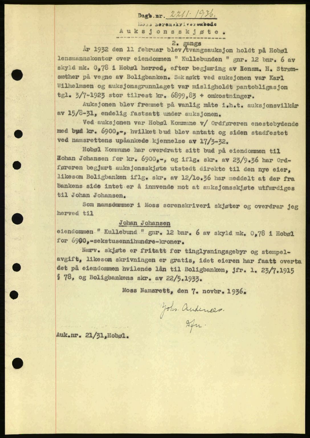 Moss sorenskriveri, SAO/A-10168: Pantebok nr. A2, 1936-1937, Dagboknr: 2211/1936
