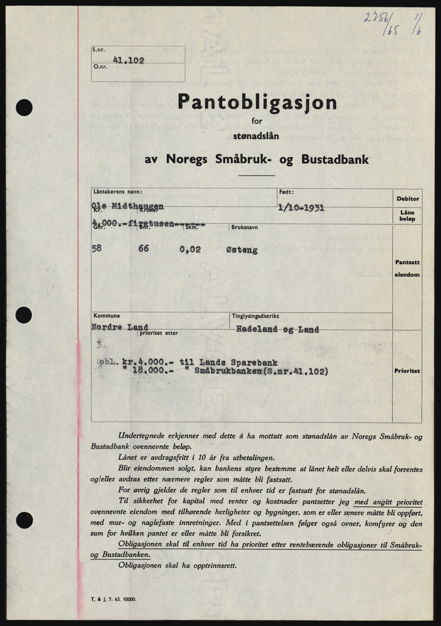 Hadeland og Land tingrett, SAH/TING-010/H/Hb/Hbc/L0059: Pantebok nr. B59, 1965-1965, Dagboknr: 2756/1965
