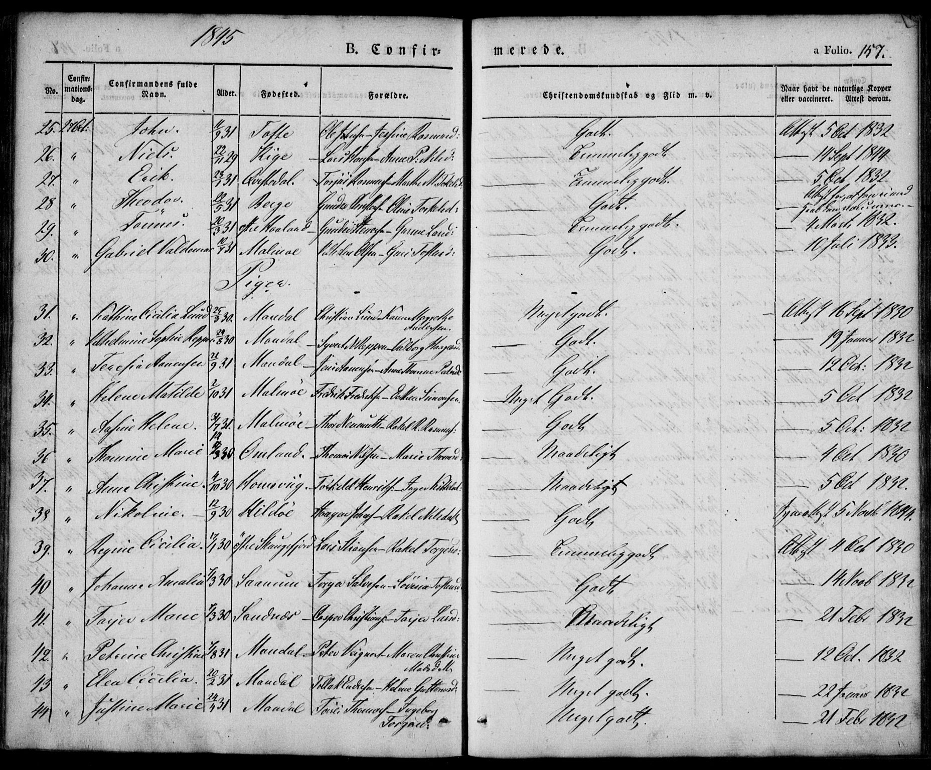 Mandal sokneprestkontor, SAK/1111-0030/F/Fa/Faa/L0012: Ministerialbok nr. A 12, 1840-1847, s. 157