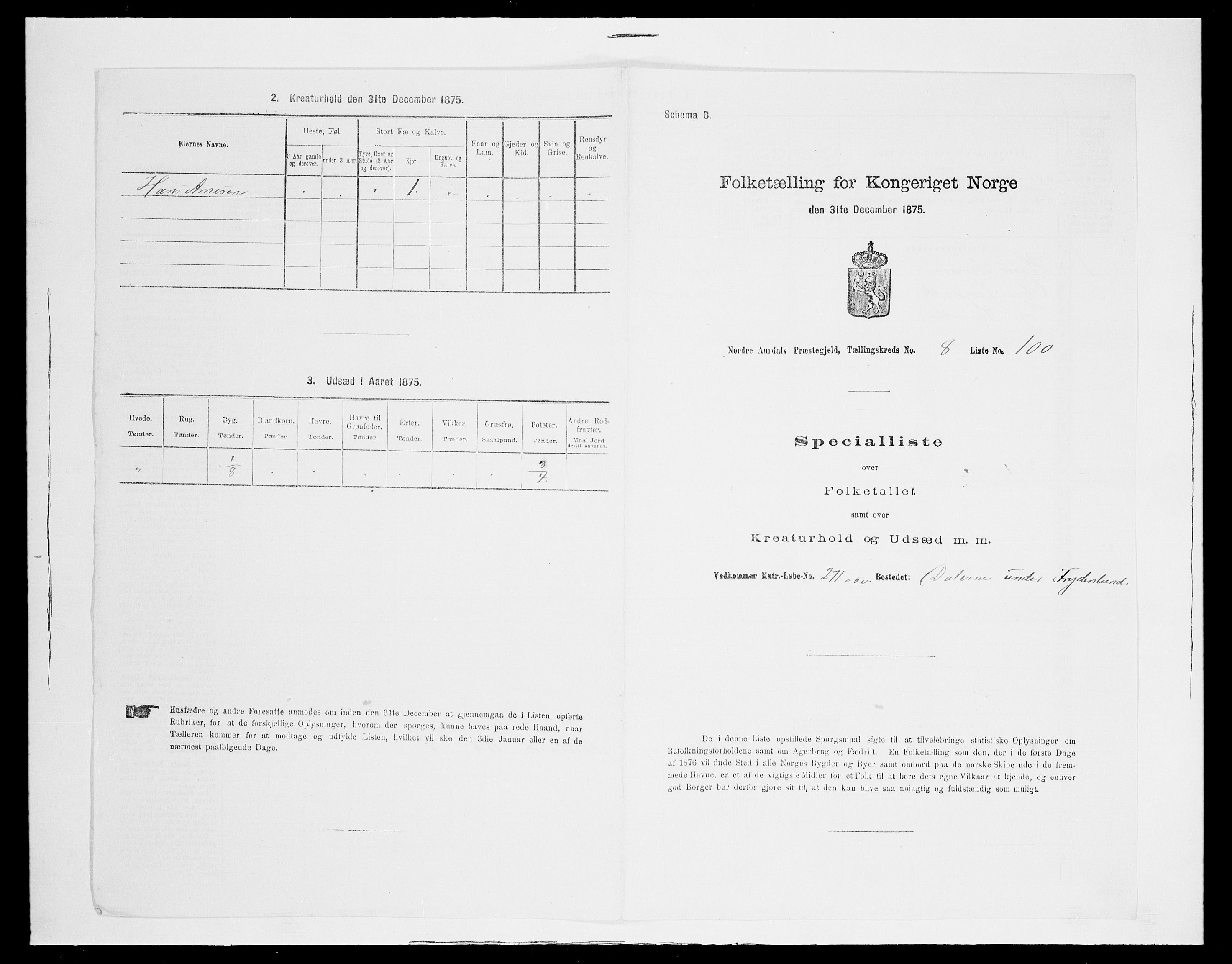 SAH, Folketelling 1875 for 0542P Nord-Aurdal prestegjeld, 1875, s. 1479