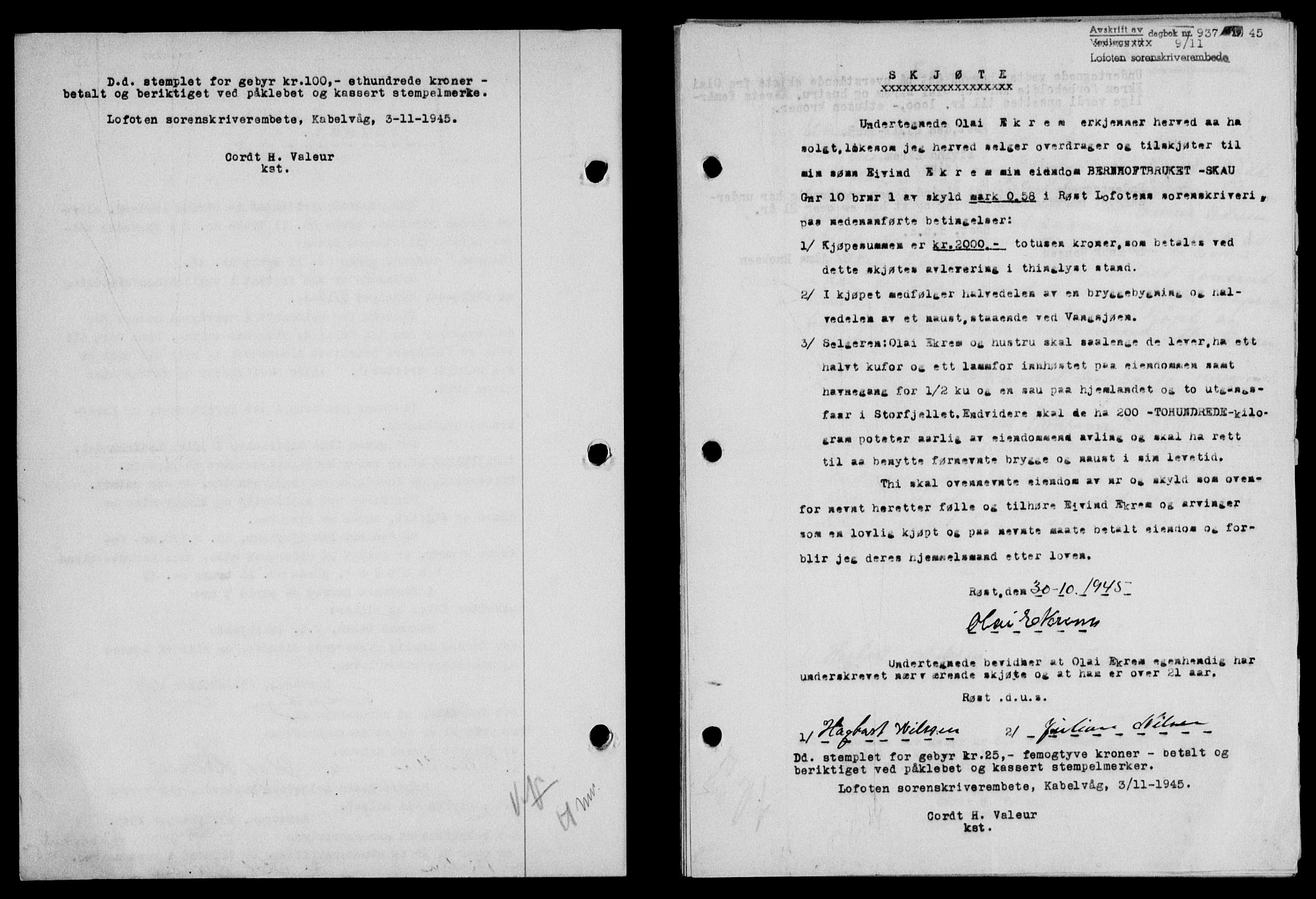 Lofoten sorenskriveri, SAT/A-0017/1/2/2C/L0013a: Pantebok nr. 13a, 1944-1946, Dagboknr: 937/1945