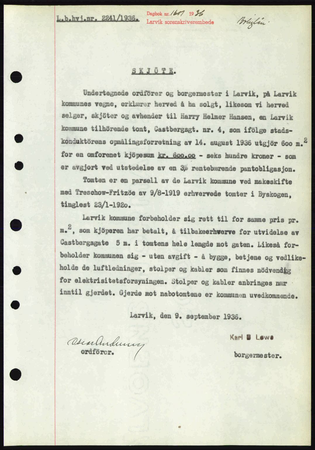 Larvik sorenskriveri, SAKO/A-83/G/Ga/Gab/L0067: Pantebok nr. A-1, 1936-1937, Dagboknr: 1601/1936