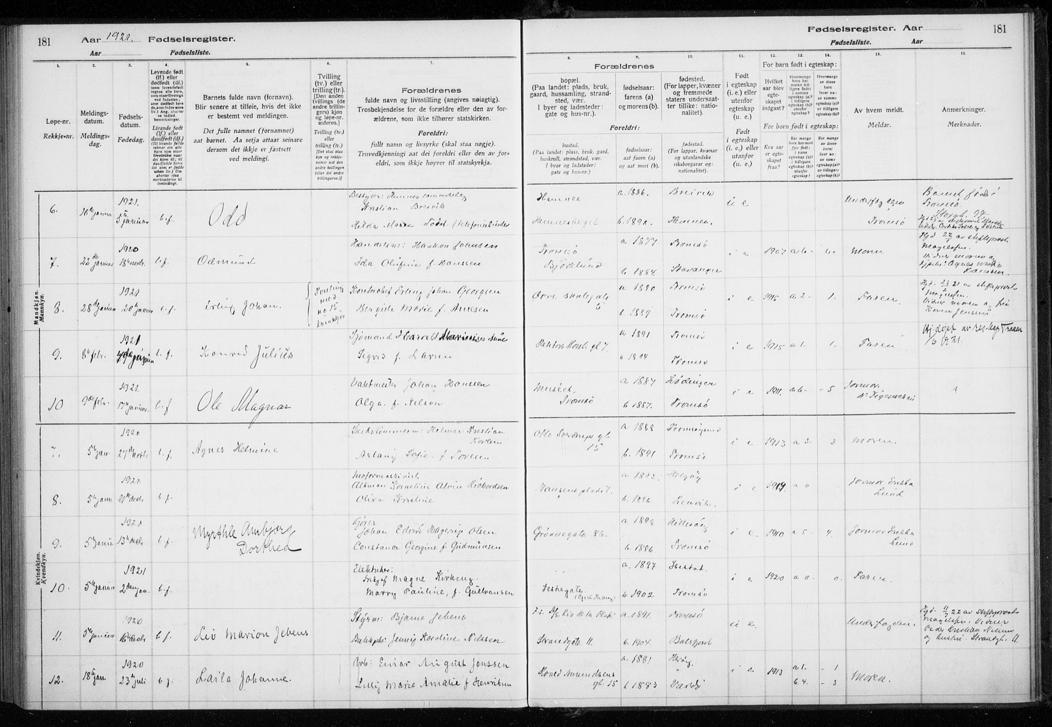 Tromsø sokneprestkontor/stiftsprosti/domprosti, AV/SATØ-S-1343/H/Ha/L0131: Fødselsregister nr. 131, 1916-1921, s. 181