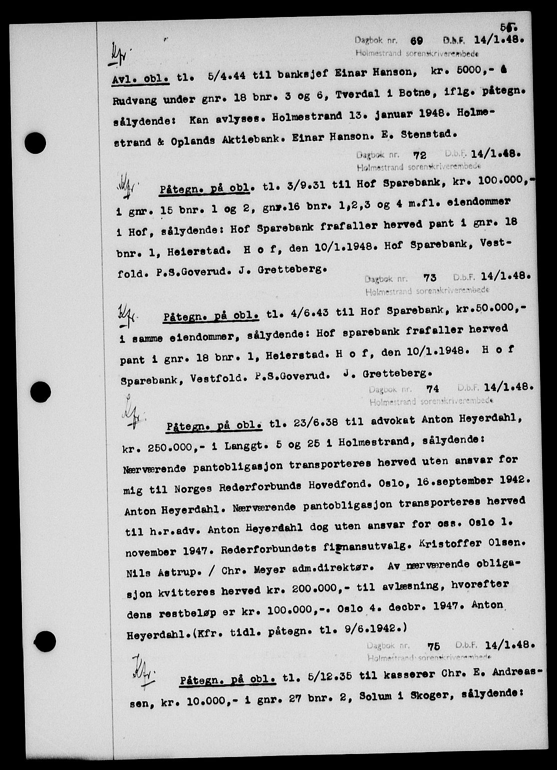 Holmestrand sorenskriveri, SAKO/A-67/G/Ga/Gab/L0058: Pantebok nr. B-58, 1947-1948, s. 55, Dagboknr: 69/1948