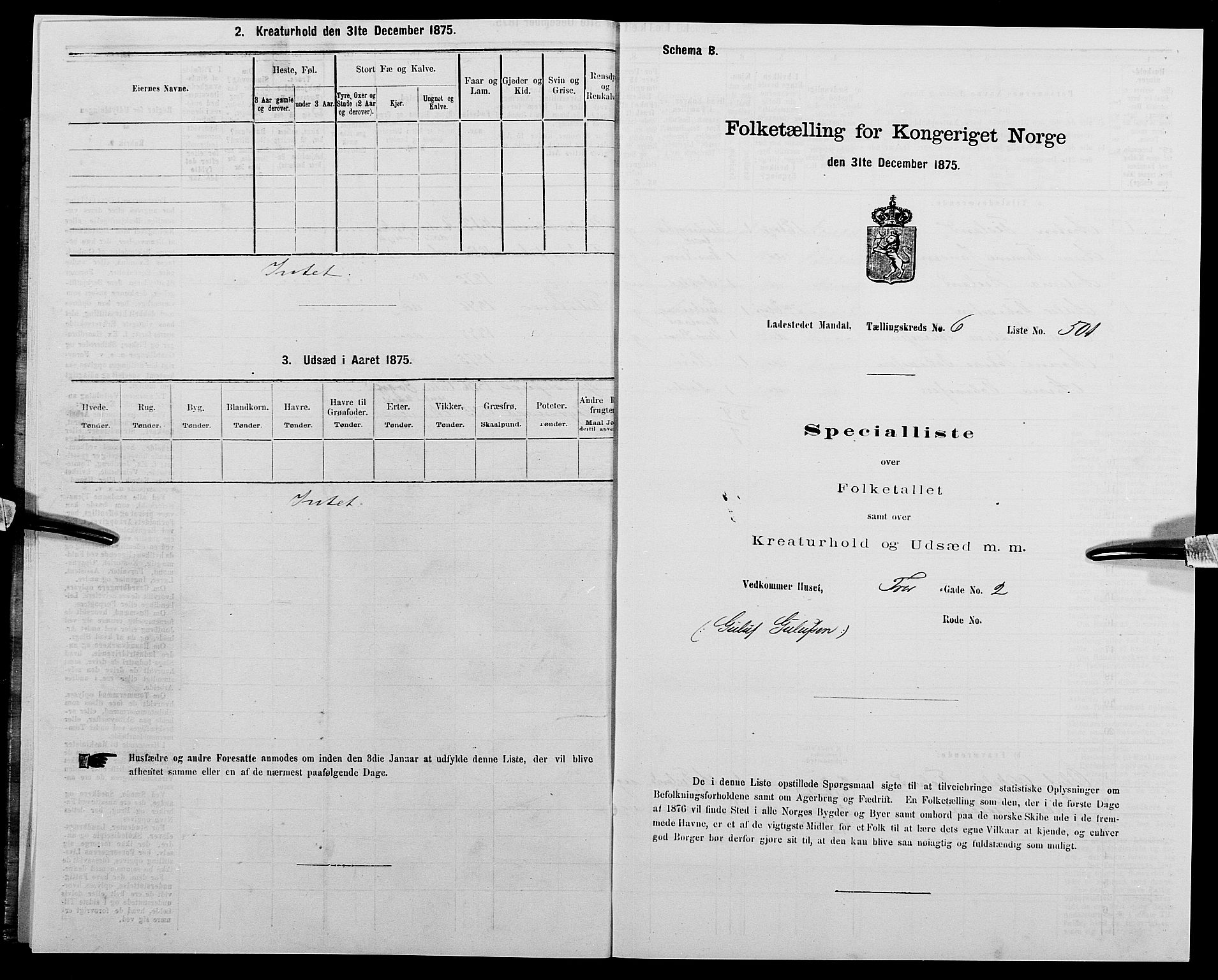 SAK, Folketelling 1875 for 1002B Mandal prestegjeld, Mandal ladested, 1875, s. 1053