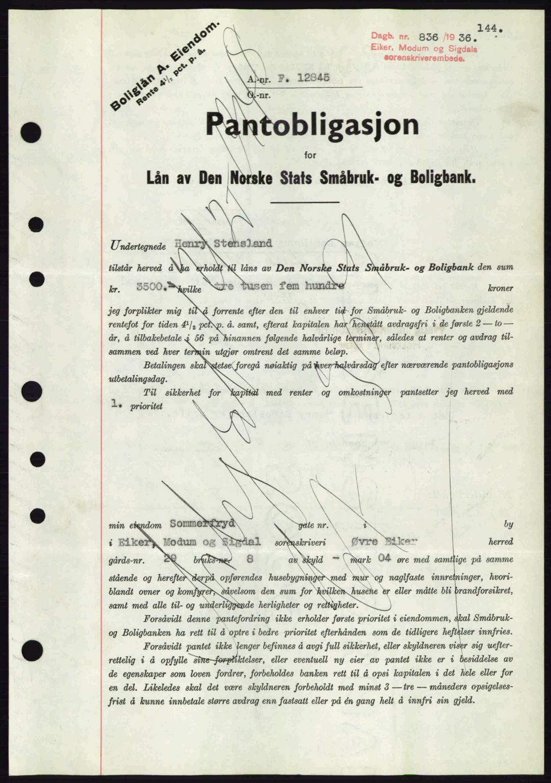 Eiker, Modum og Sigdal sorenskriveri, SAKO/A-123/G/Ga/Gab/L0032: Pantebok nr. A2, 1936-1936, Dagboknr: 836/1936