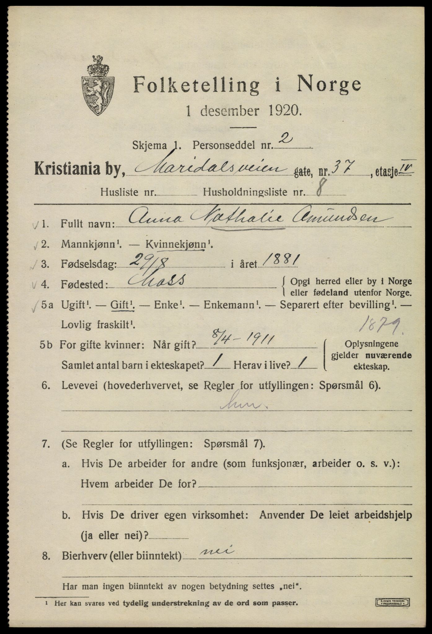 SAO, Folketelling 1920 for 0301 Kristiania kjøpstad, 1920, s. 378023