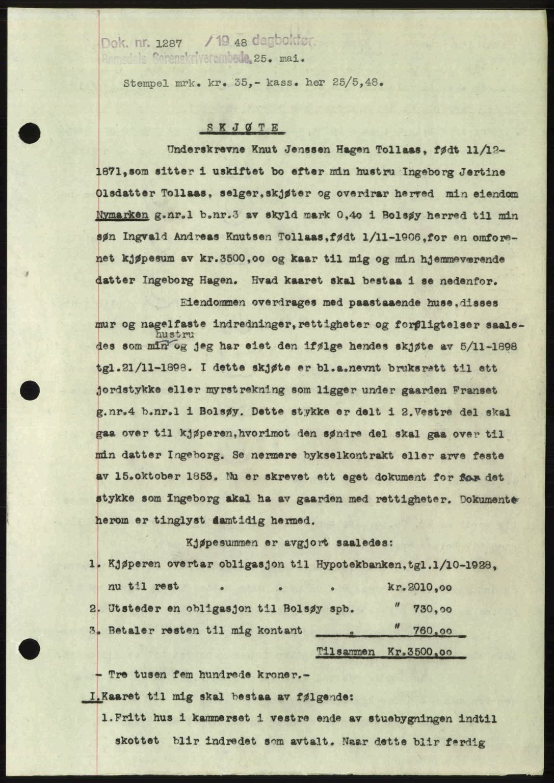 Romsdal sorenskriveri, SAT/A-4149/1/2/2C: Pantebok nr. A26, 1948-1948, Dagboknr: 1287/1948