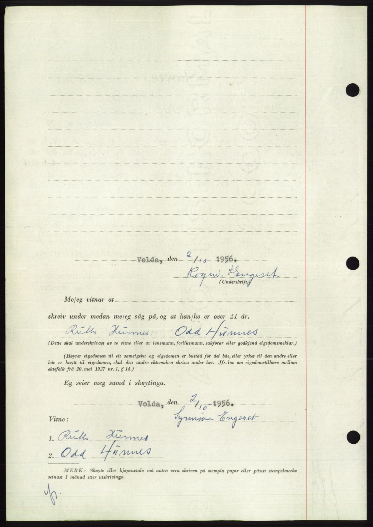 Søre Sunnmøre sorenskriveri, AV/SAT-A-4122/1/2/2C/L0104: Pantebok nr. 30A, 1956-1956, Dagboknr: 2054/1956
