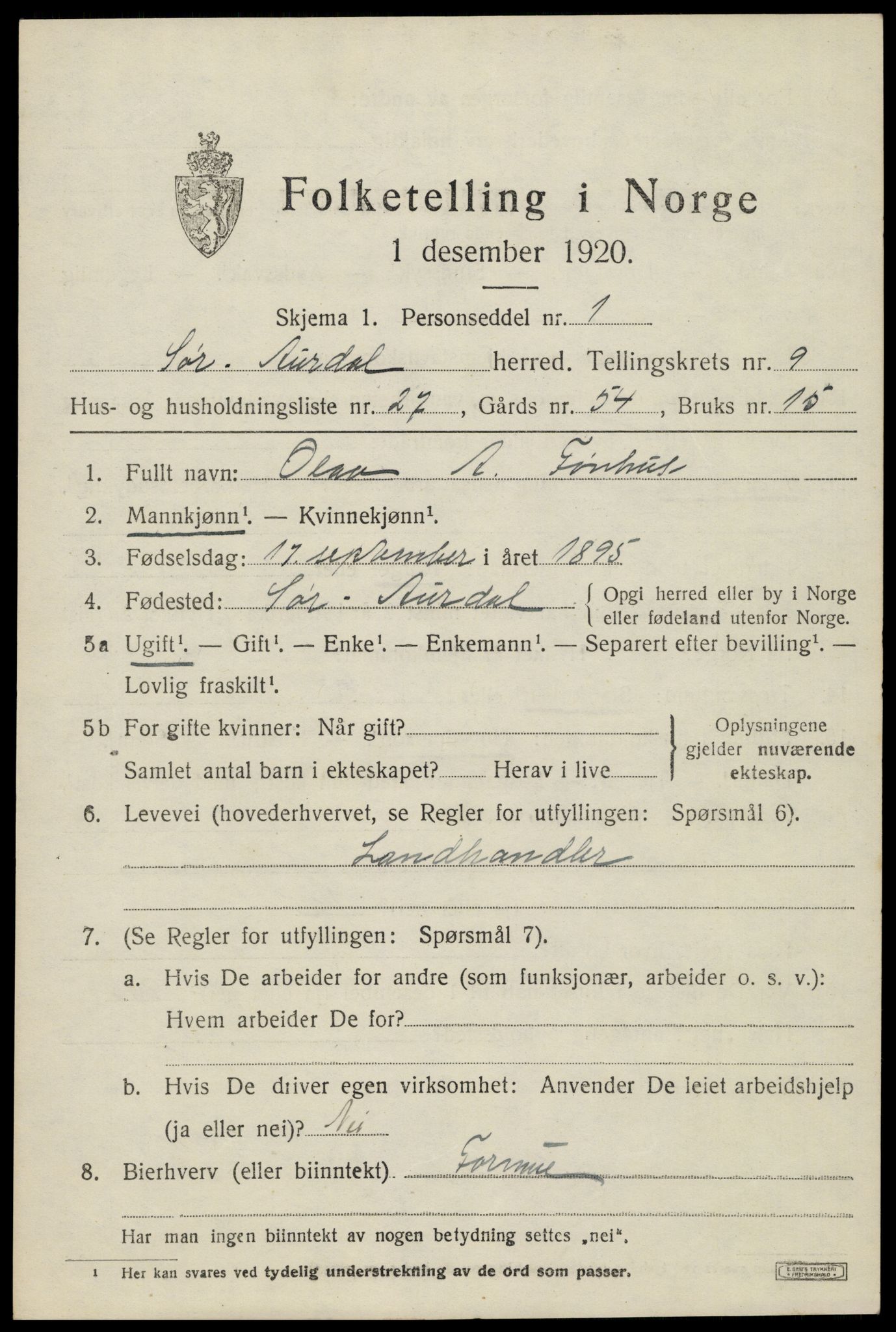 SAH, Folketelling 1920 for 0540 Sør-Aurdal herred, 1920, s. 5441