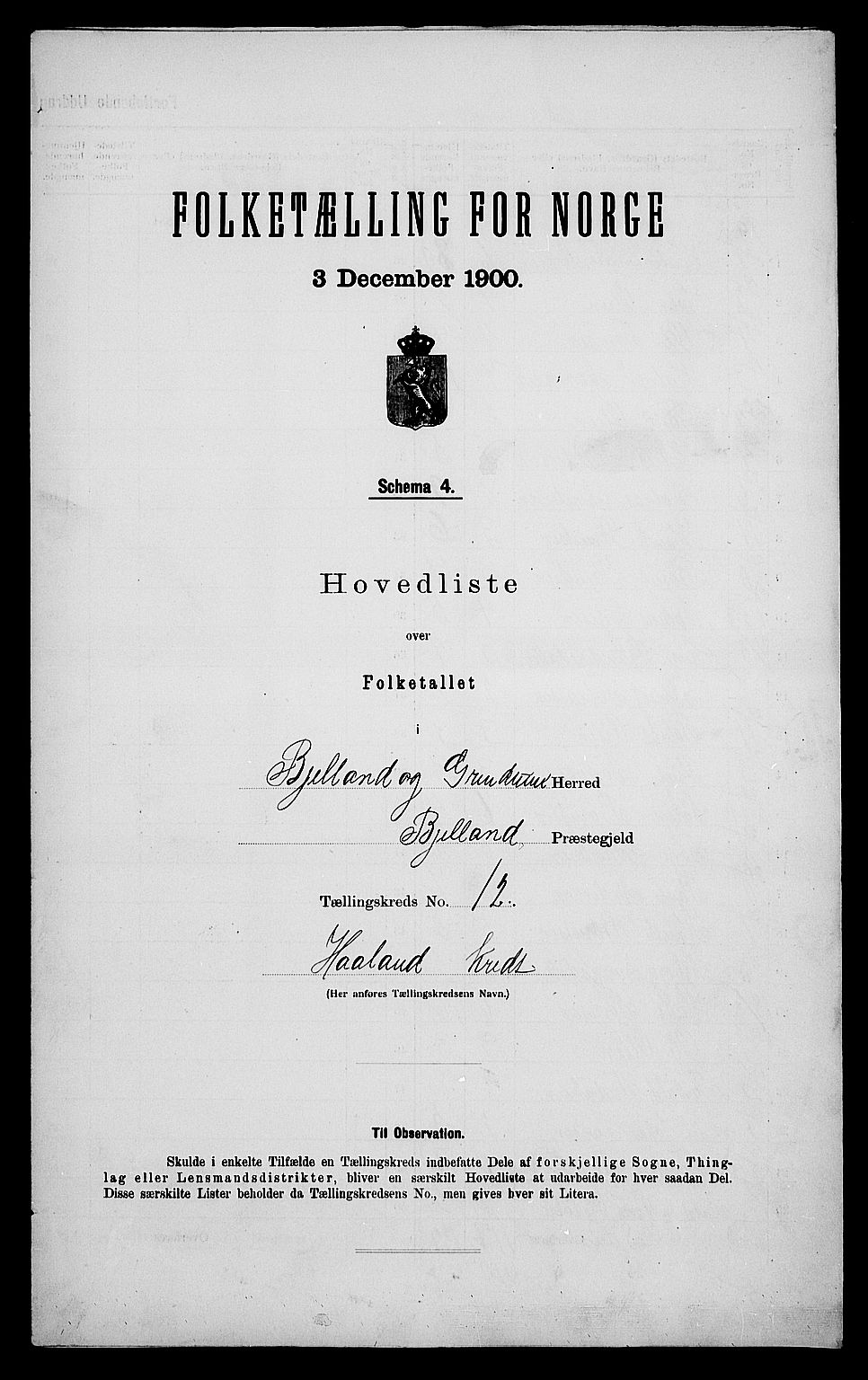 SAK, Folketelling 1900 for 1024 Bjelland og Grindheim herred, 1900, s. 30