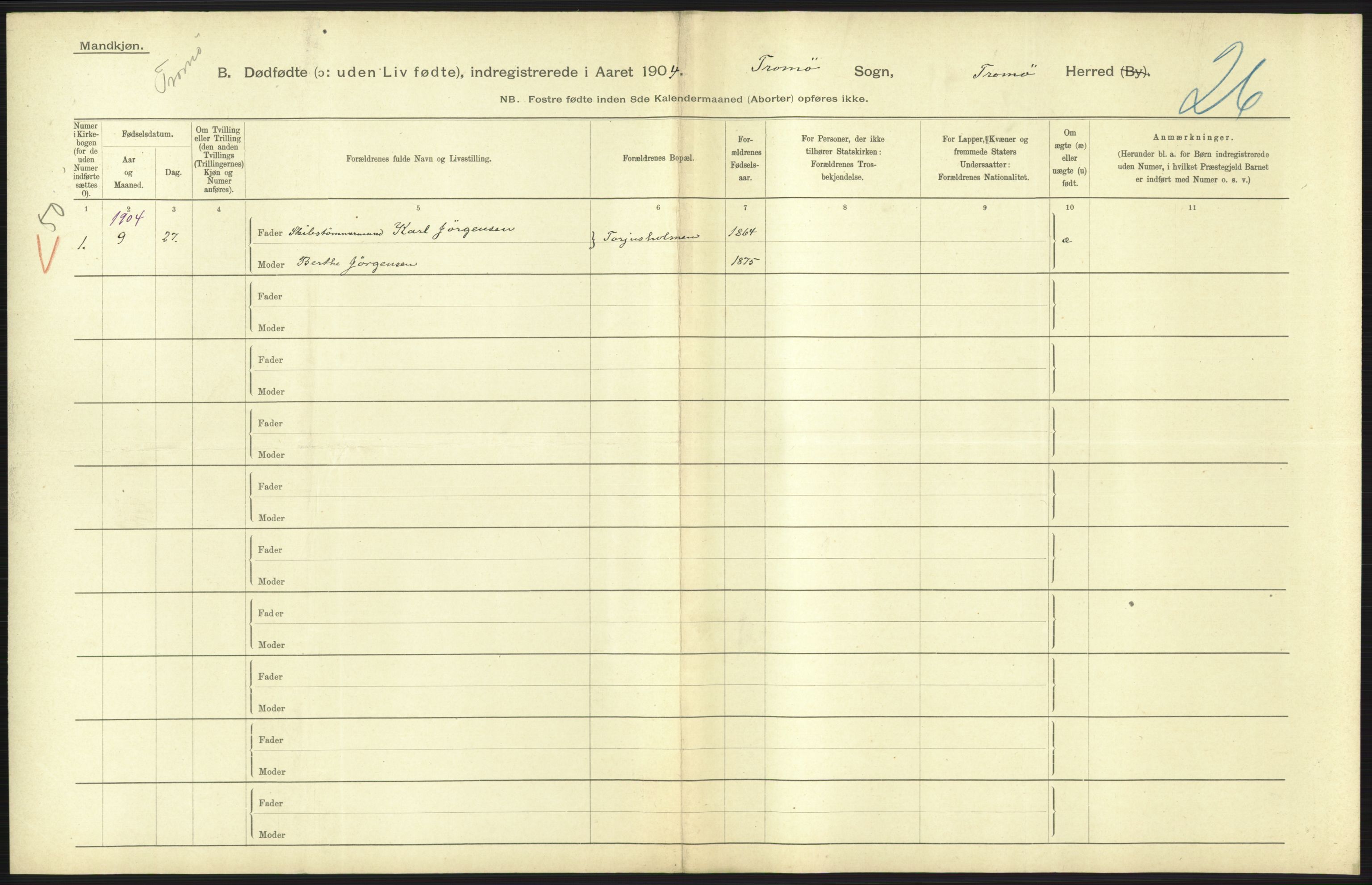 Statistisk sentralbyrå, Sosiodemografiske emner, Befolkning, AV/RA-S-2228/D/Df/Dfa/Dfab/L0025: Smålenenes amt - Stavanger amt: Dødfødte. Bygder., 1904, s. 457