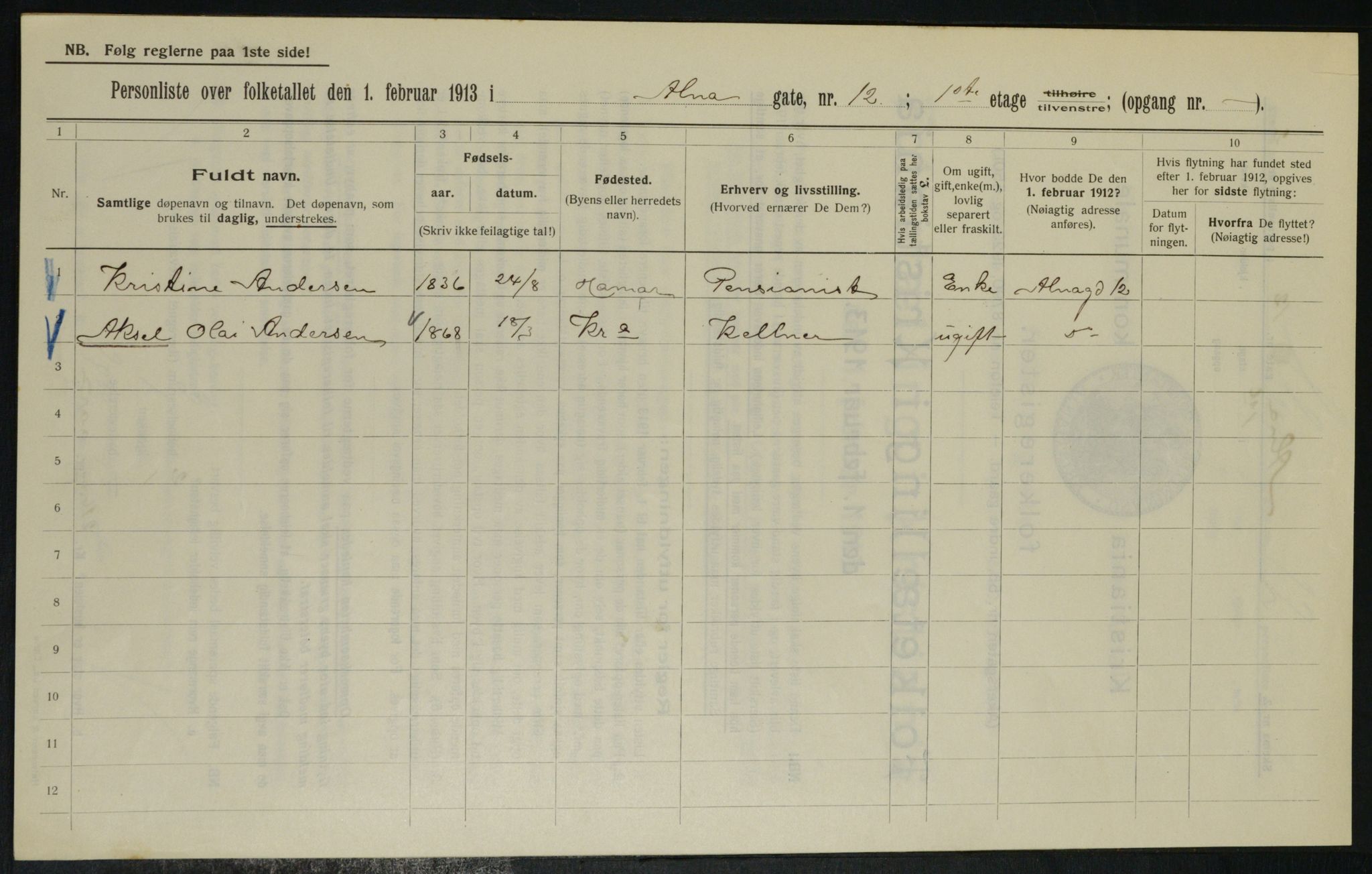 OBA, Kommunal folketelling 1.2.1913 for Kristiania, 1913, s. 1242