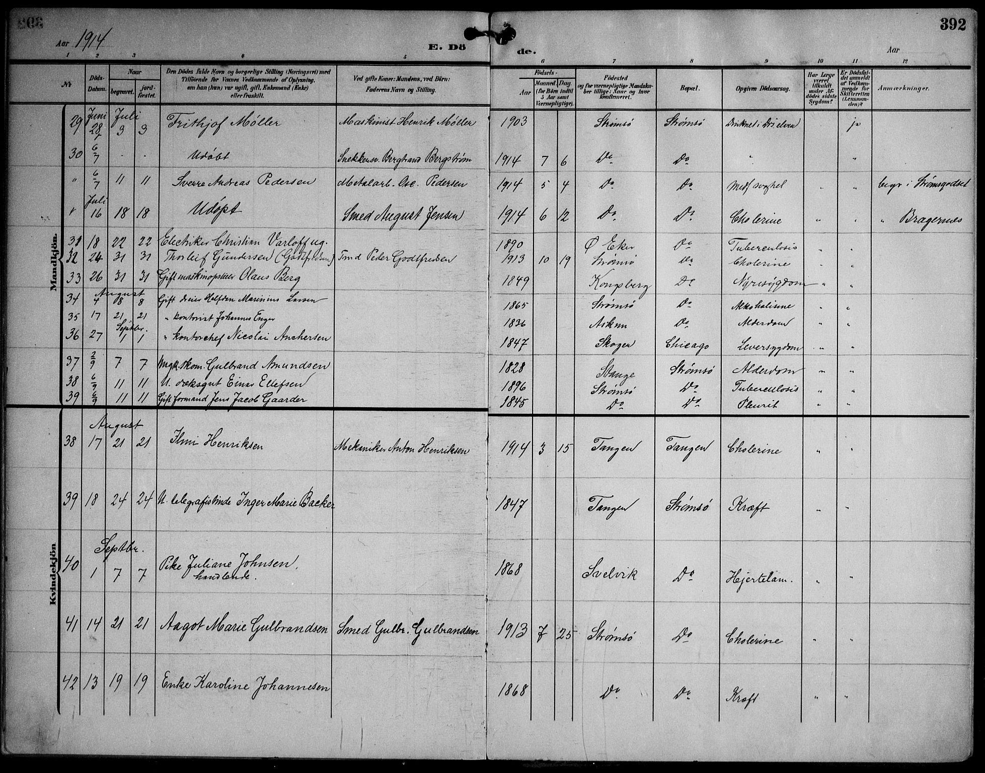 Strømsø kirkebøker, AV/SAKO-A-246/F/Fa/L0026: Ministerialbok nr. I 26, 1905-1914, s. 392