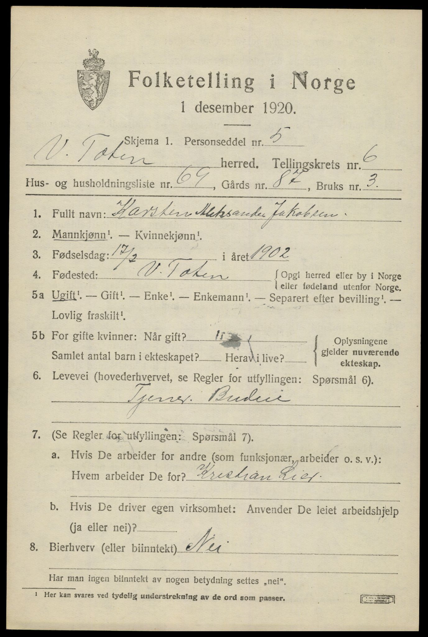 SAH, Folketelling 1920 for 0529 Vestre Toten herred, 1920, s. 8918