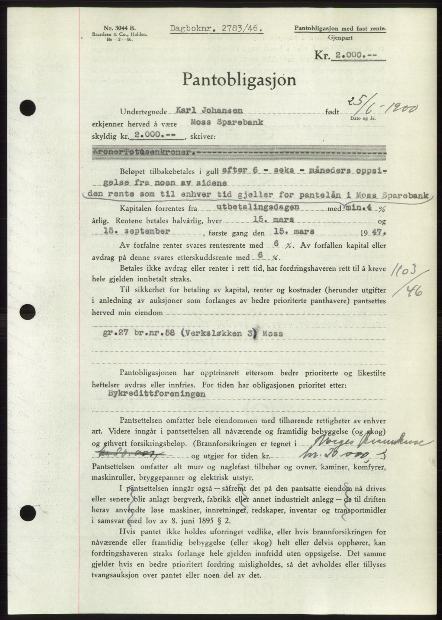 Moss sorenskriveri, SAO/A-10168: Pantebok nr. B16, 1946-1947, Dagboknr: 2783/1946