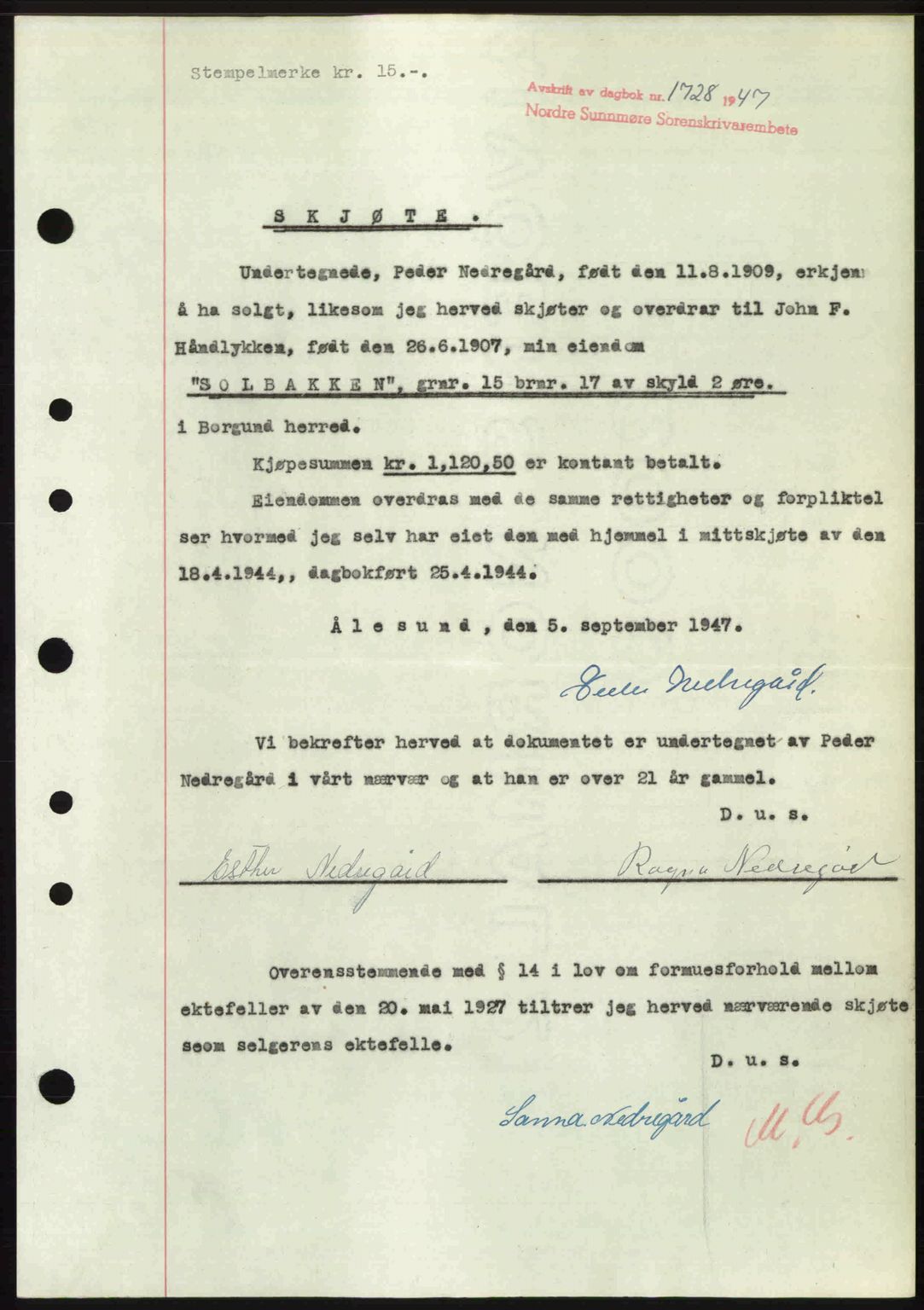 Nordre Sunnmøre sorenskriveri, AV/SAT-A-0006/1/2/2C/2Ca: Pantebok nr. A25, 1947-1947, Dagboknr: 1728/1947