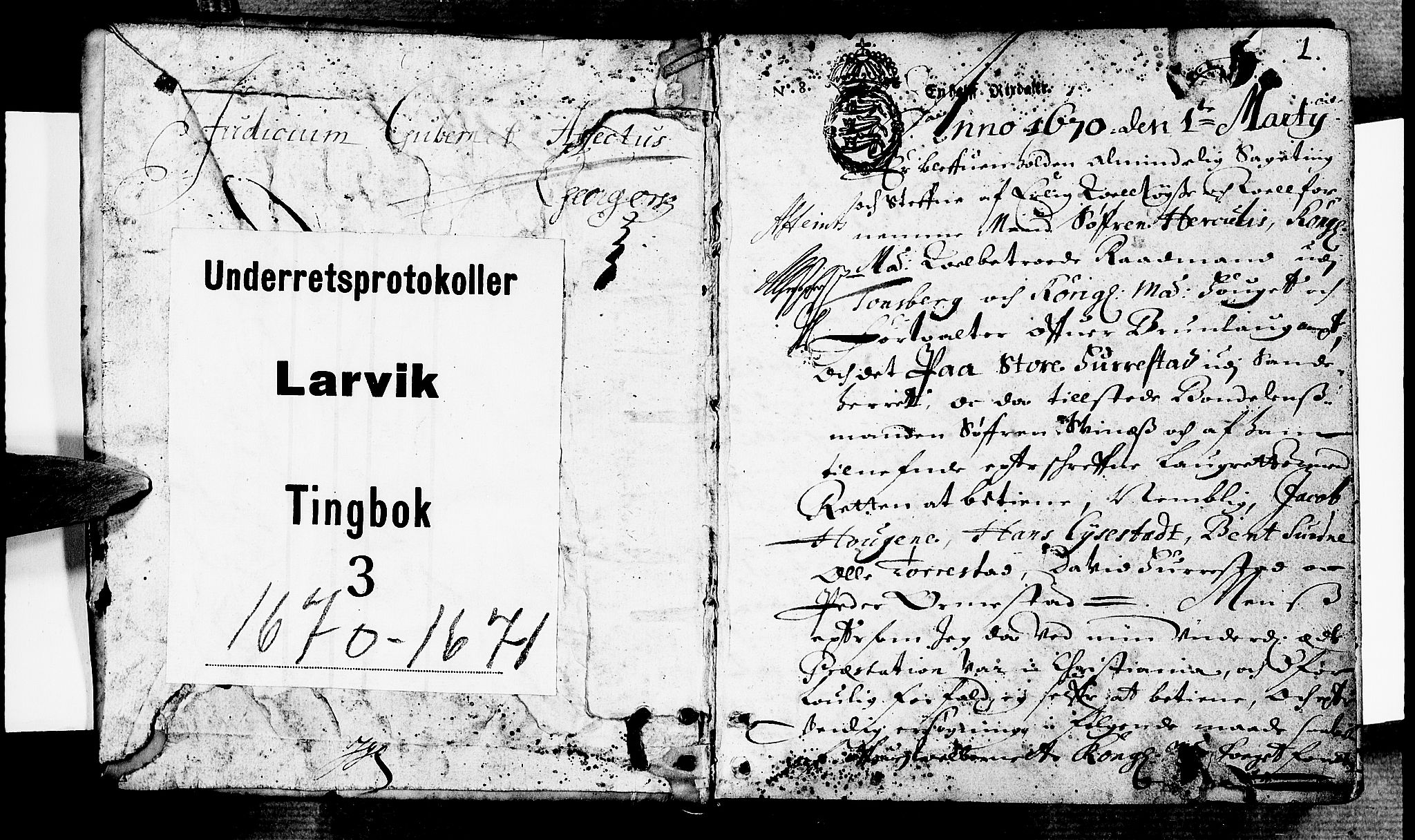 Larvik sorenskriveri, AV/SAKO-A-83/F/Fa/L0003: Tingbok, 1670-1671, s. 1