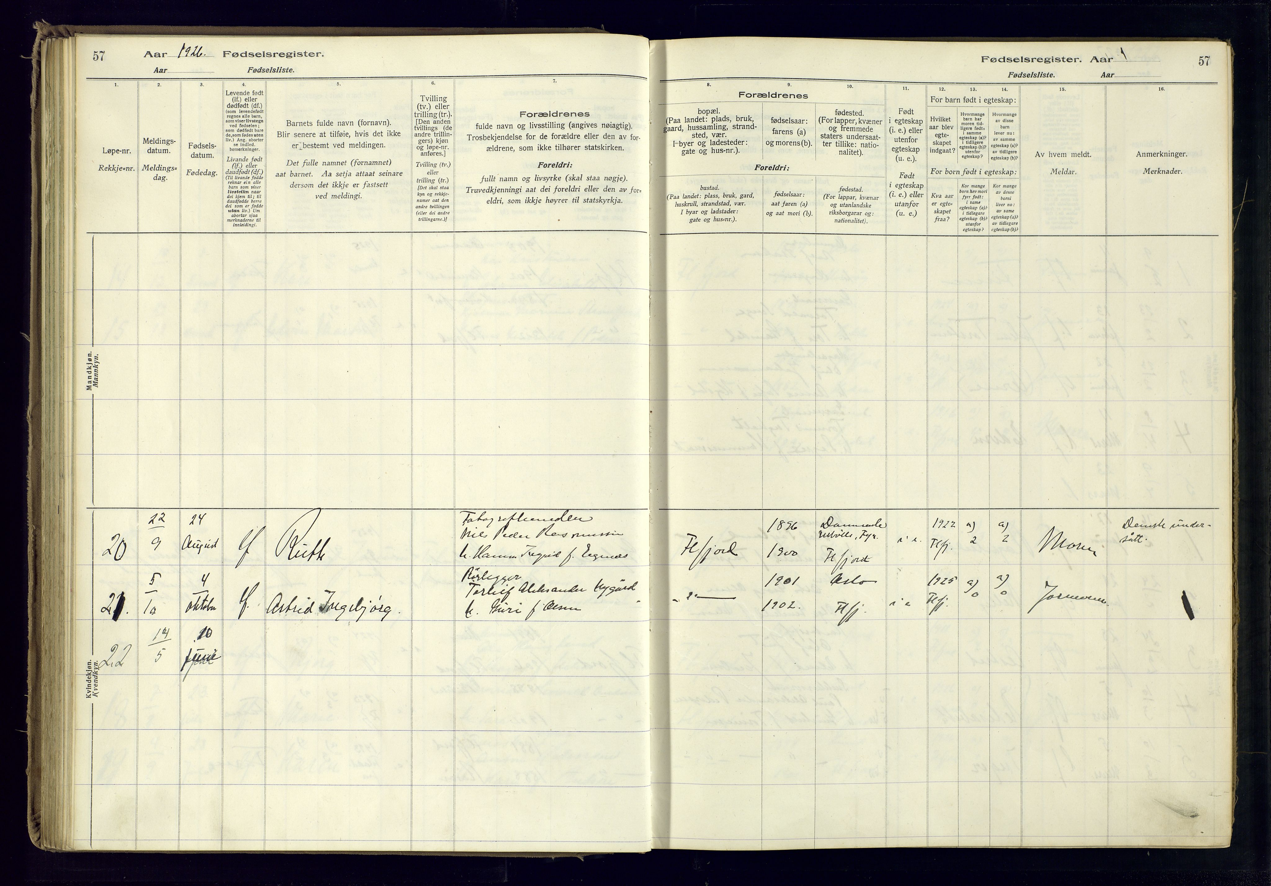 Flekkefjord sokneprestkontor, AV/SAK-1111-0012/J/Ja/L0001: Fødselsregister nr. 1, 1916-1948, s. 57