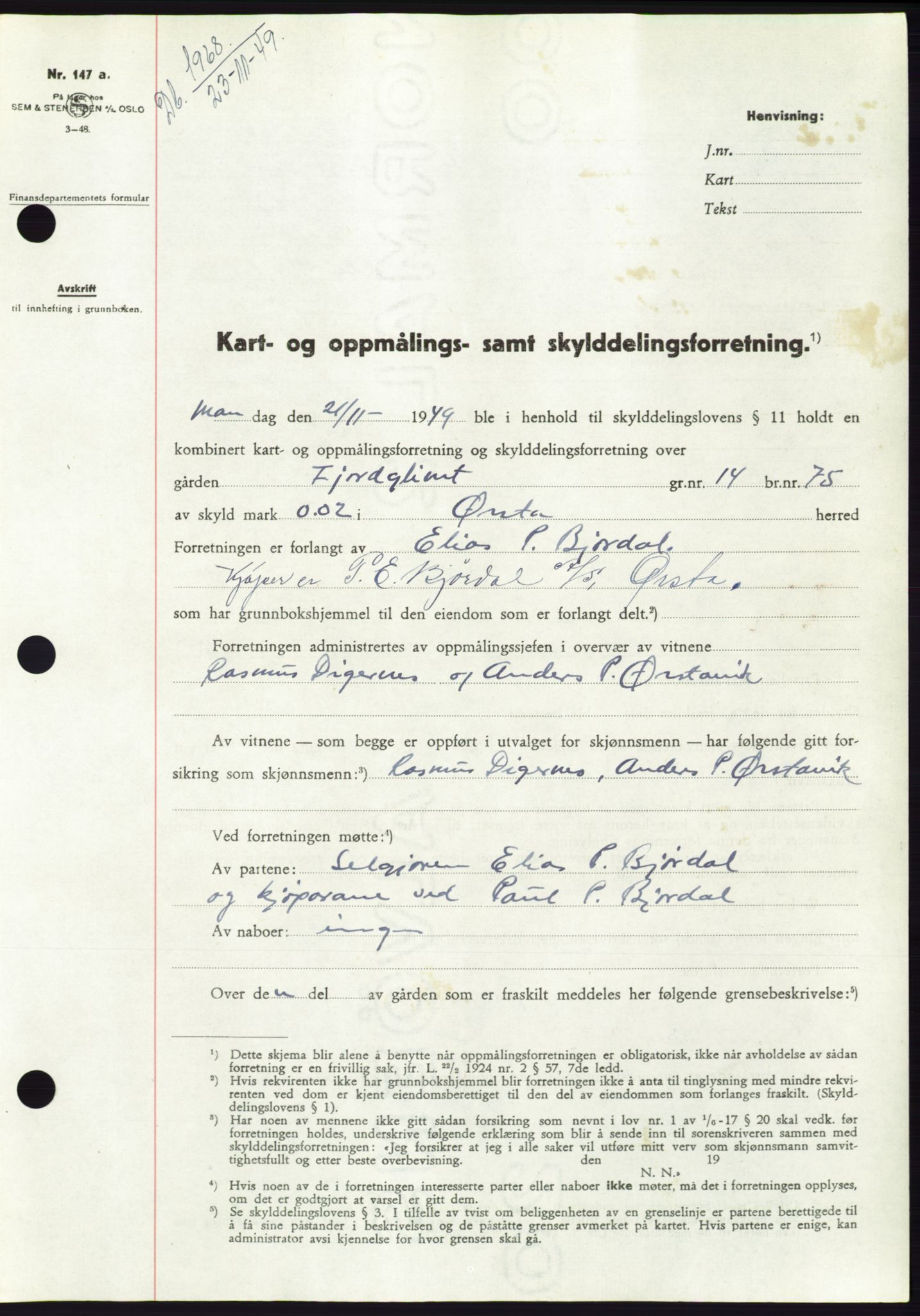 Søre Sunnmøre sorenskriveri, SAT/A-4122/1/2/2C/L0085: Pantebok nr. 11A, 1949-1949, Dagboknr: 1968/1949