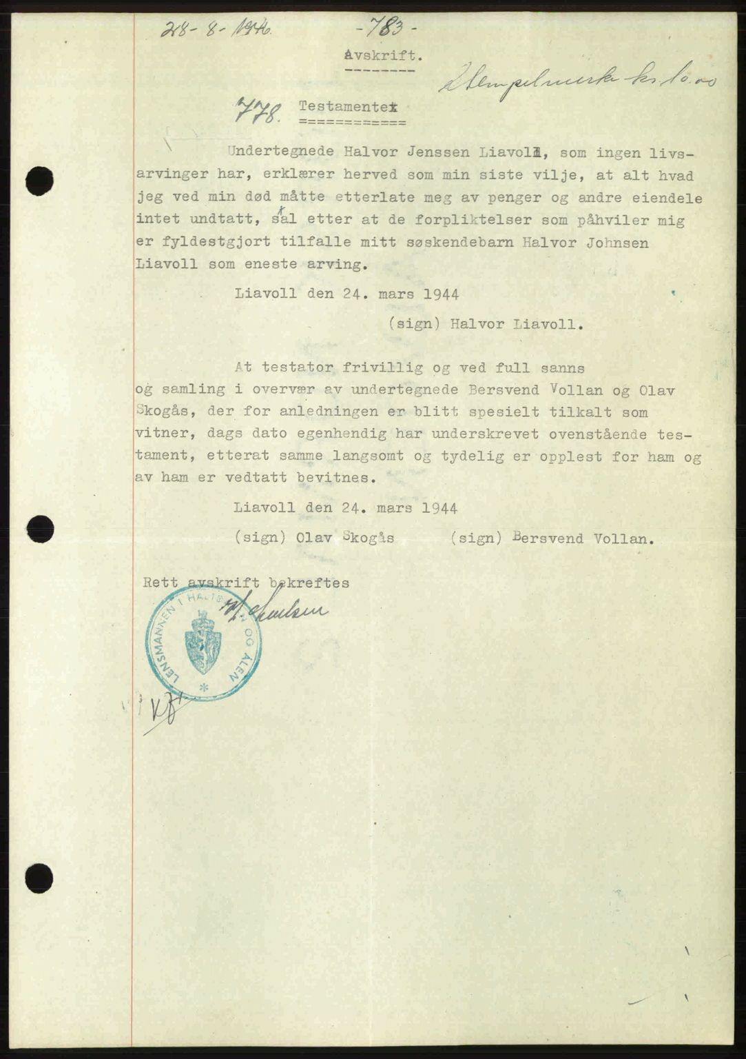 Gauldal sorenskriveri, SAT/A-0014/1/2/2C: Pantebok nr. A2, 1946-1946, Dagboknr: 778/1946