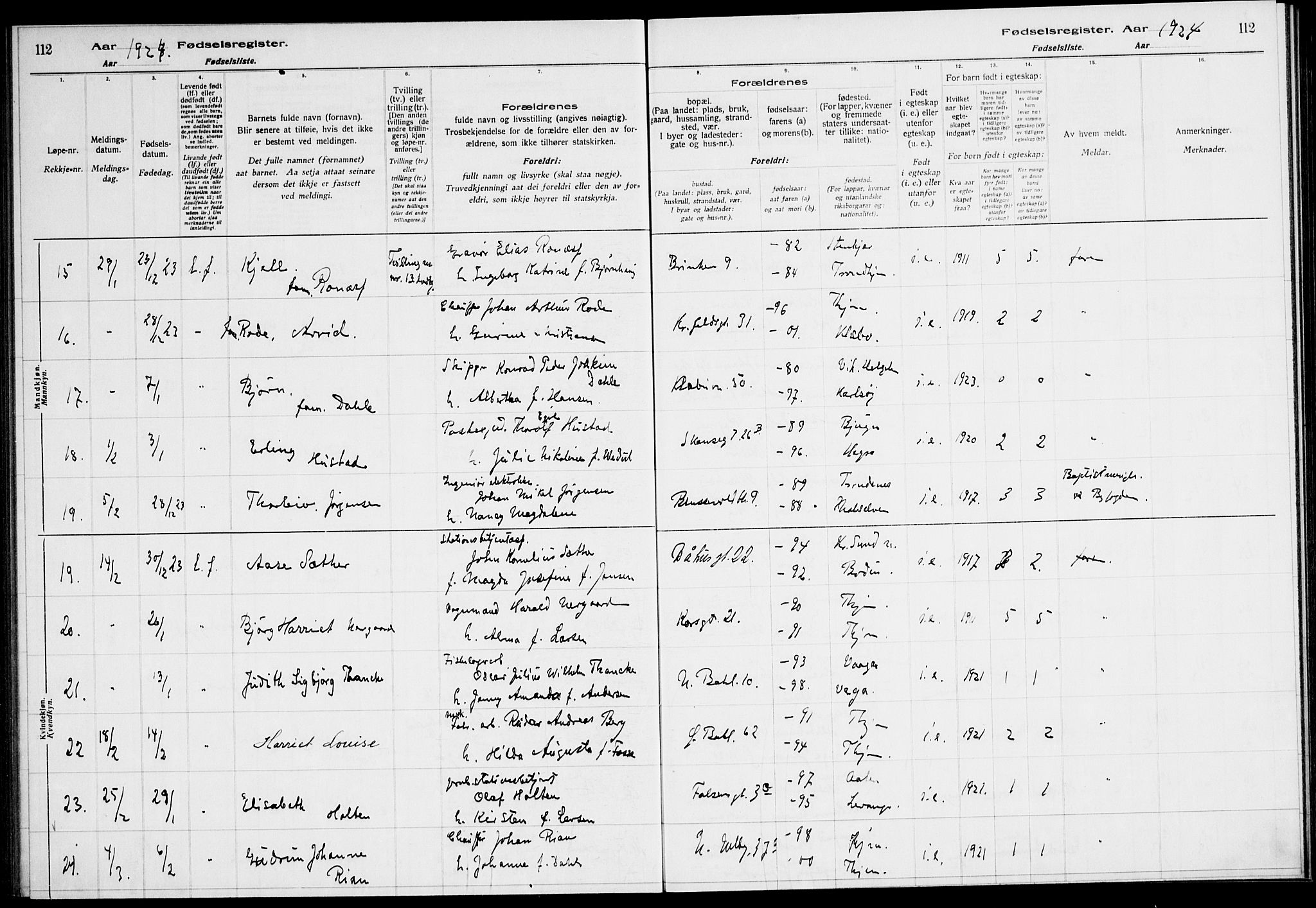 Ministerialprotokoller, klokkerbøker og fødselsregistre - Sør-Trøndelag, AV/SAT-A-1456/604/L0233: Fødselsregister nr. 604.II.4.2, 1920-1928, s. 112