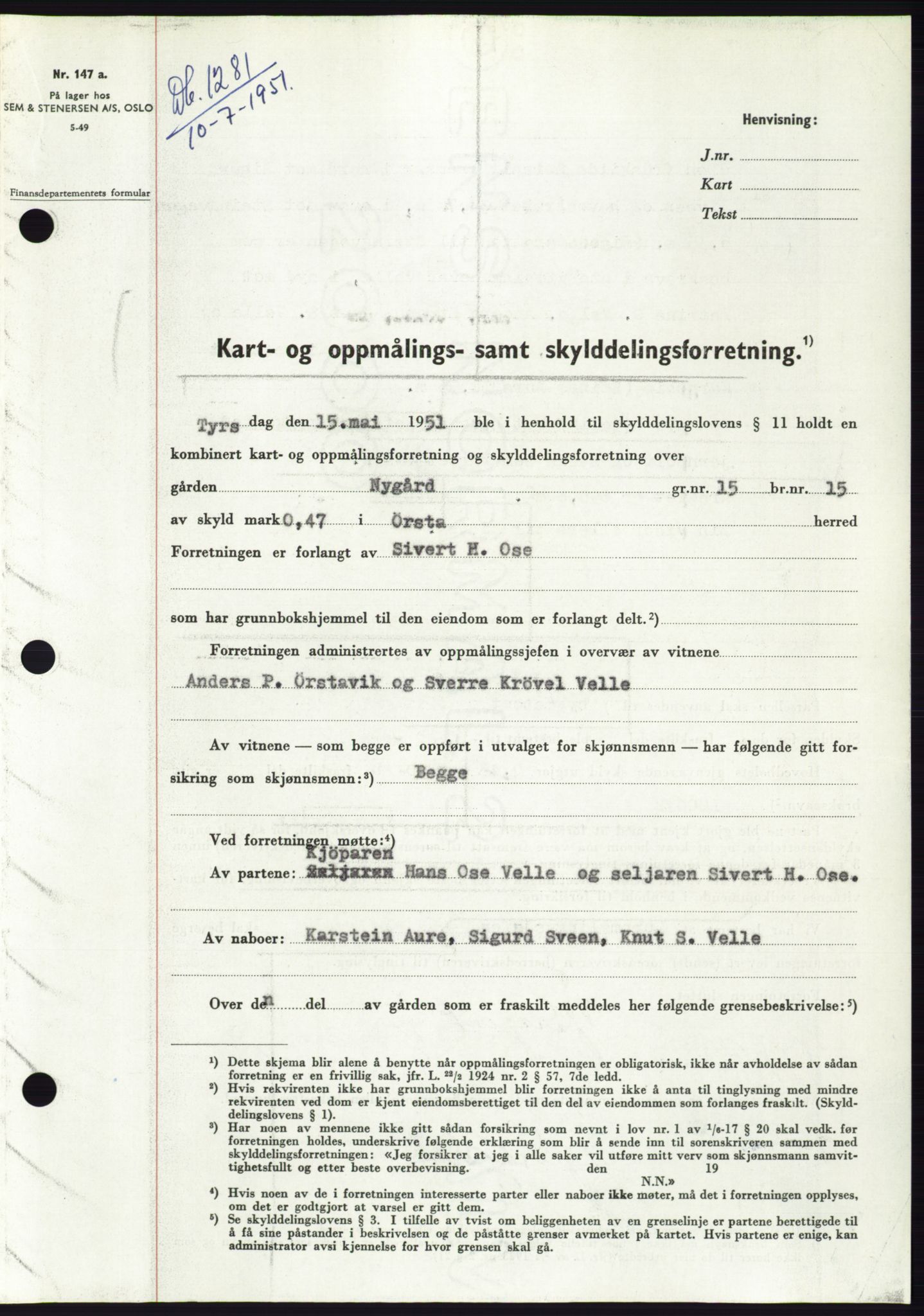 Søre Sunnmøre sorenskriveri, SAT/A-4122/1/2/2C/L0089: Pantebok nr. 15A, 1951-1951, Dagboknr: 1281/1951