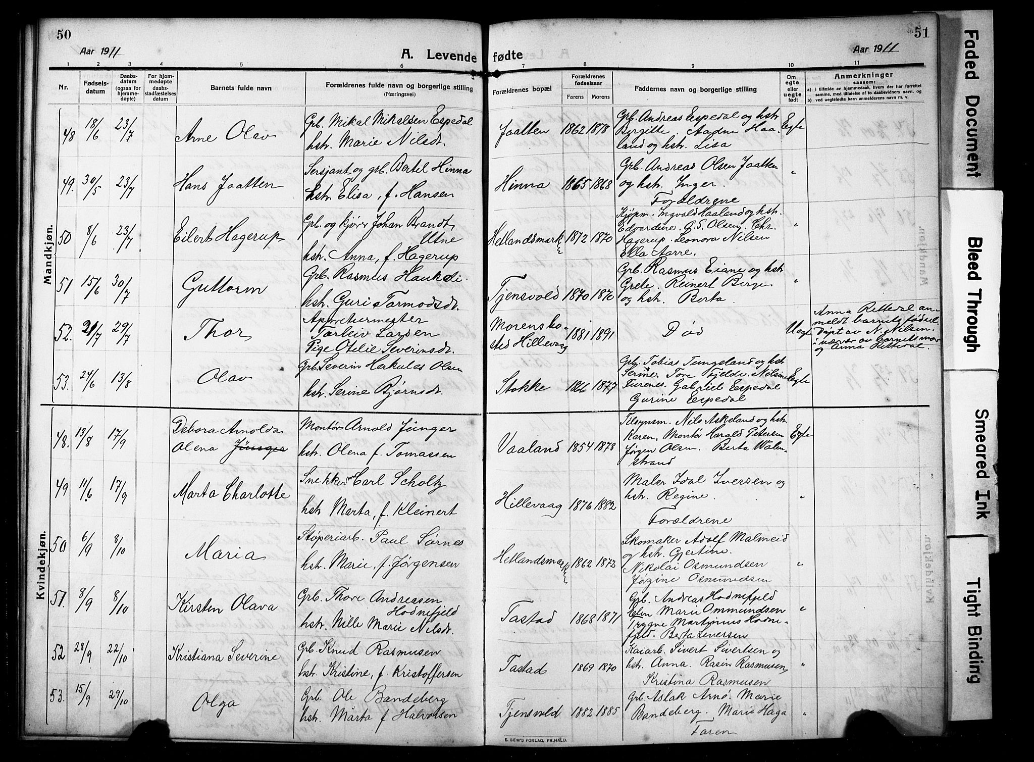 Hetland sokneprestkontor, AV/SAST-A-101826/30/30BB/L0008: Klokkerbok nr. B 8, 1910-1921, s. 50-51