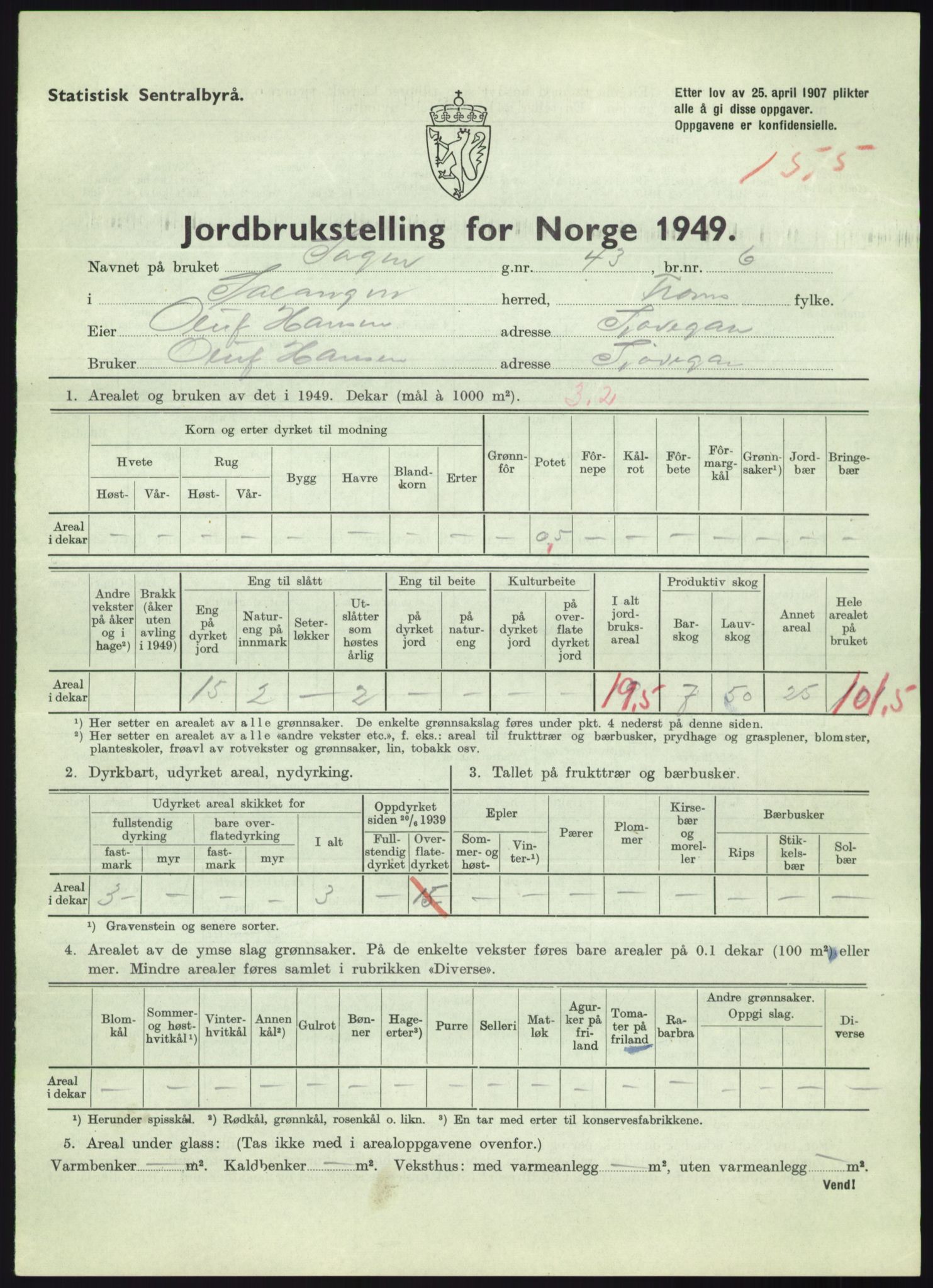 Statistisk sentralbyrå, Næringsøkonomiske emner, Jordbruk, skogbruk, jakt, fiske og fangst, AV/RA-S-2234/G/Gc/L0438: Troms: Salangen og Bardu, 1949, s. 389