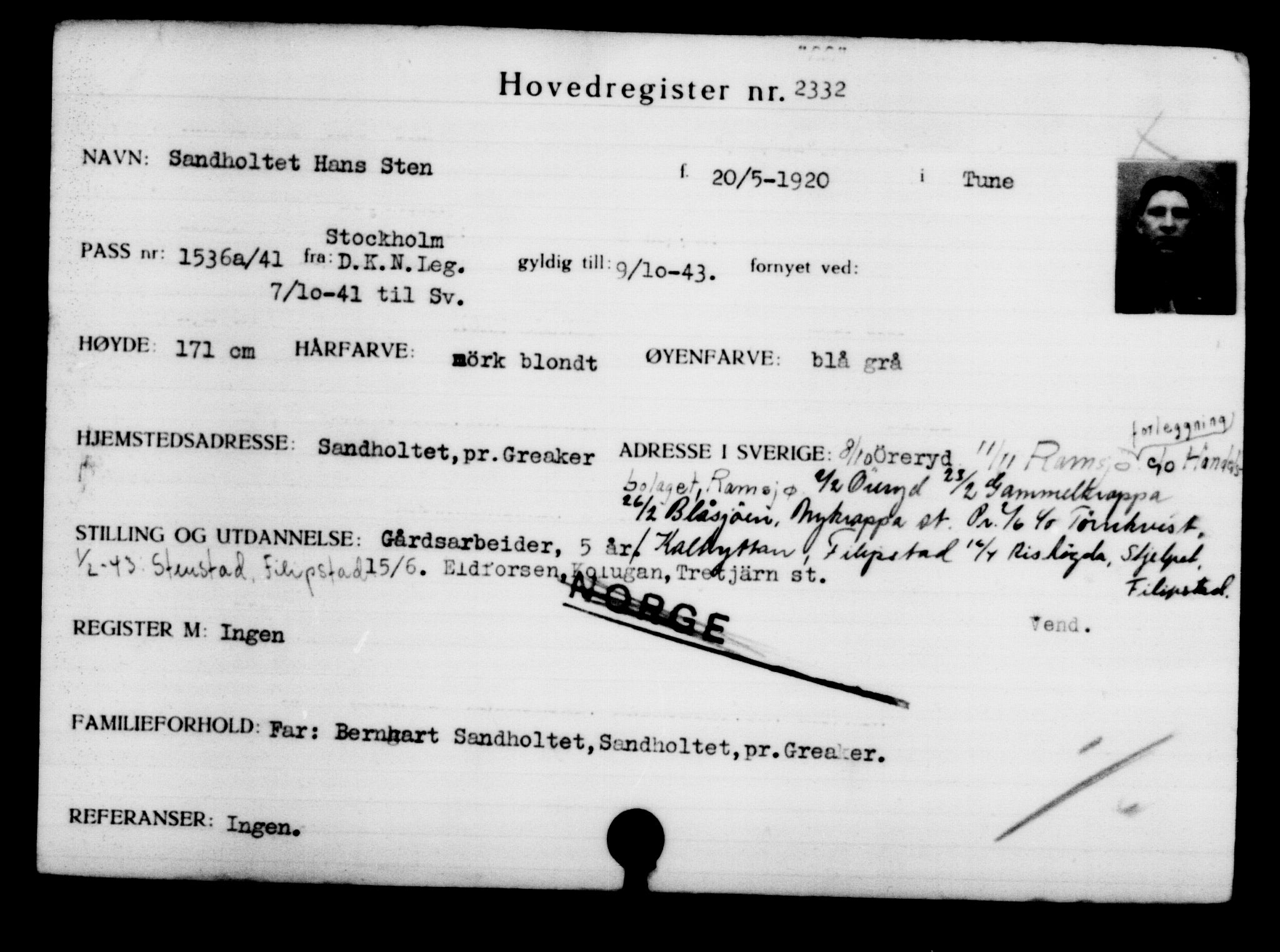 Utenriksstasjonene, Legasjonen i Stockholm, Flyktningkontoret, AV/RA-S-6753/V/Va/L0003: Kjesäterkartoteket, flyktninger med registreringsnr. 2001-3495, 1940-1945, s. 468