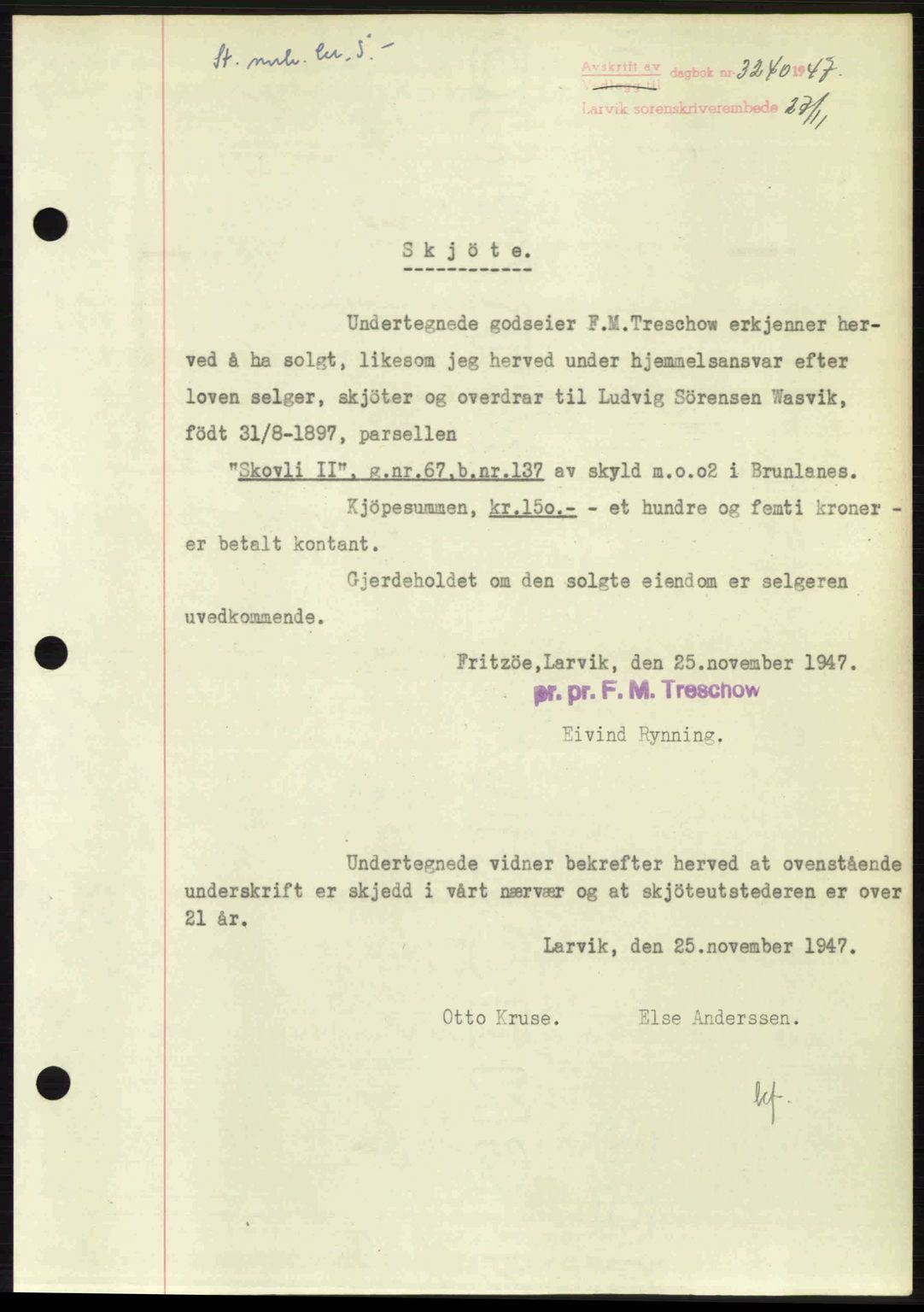 Larvik sorenskriveri, SAKO/A-83/G/Ga/Gab/L0085: Pantebok nr. A-19, 1947-1948, Dagboknr: 3240/1947