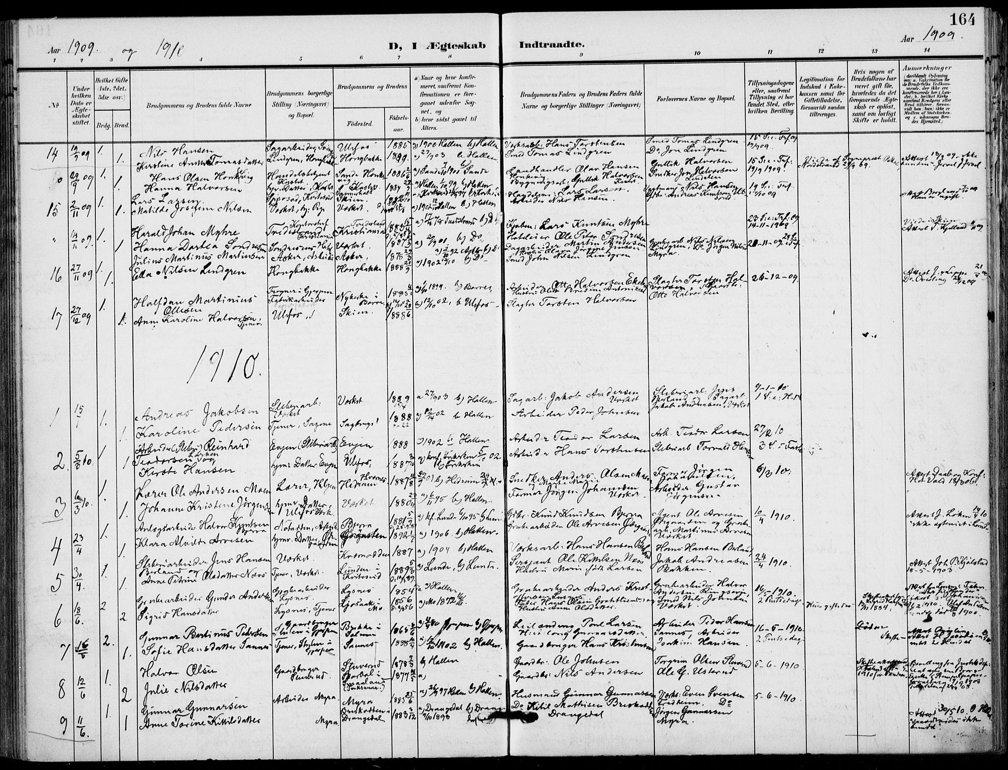 Holla kirkebøker, AV/SAKO-A-272/F/Fa/L0012: Ministerialbok nr. 12, 1907-1923, s. 164