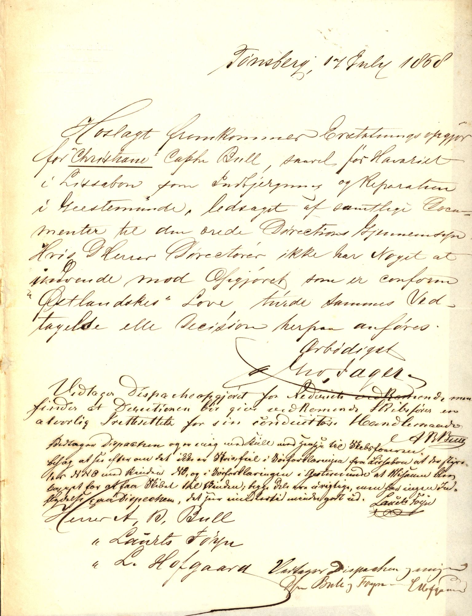 Pa 63 - Østlandske skibsassuranceforening, VEMU/A-1079/G/Ga/L0001/0018: Havaridokumenter / Christiane, 1868