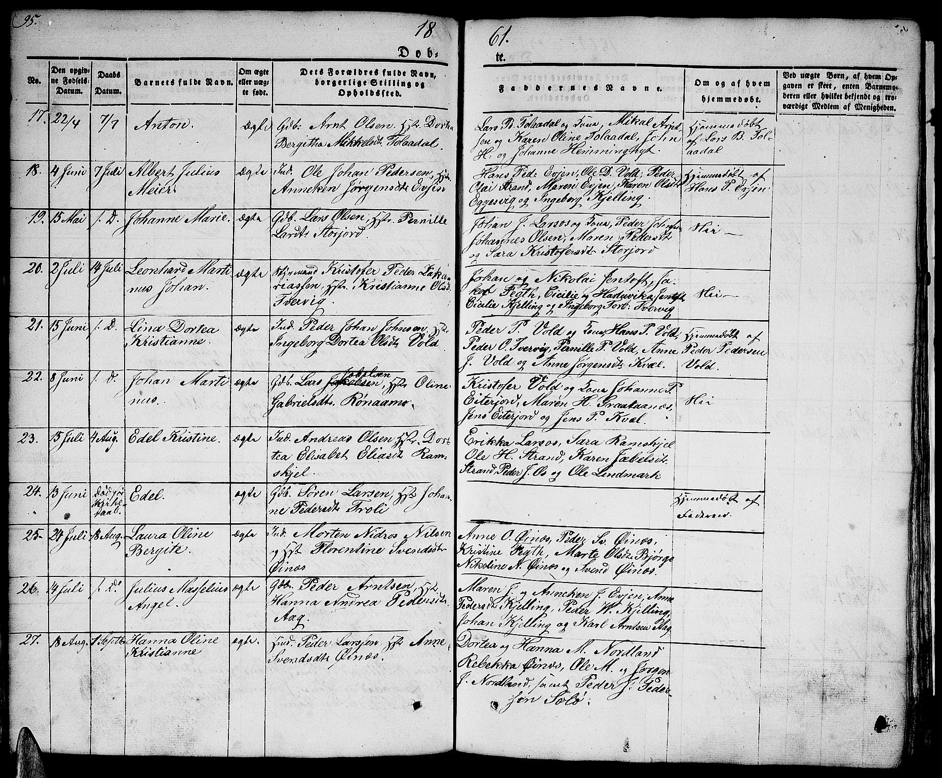 Ministerialprotokoller, klokkerbøker og fødselsregistre - Nordland, AV/SAT-A-1459/846/L0652: Klokkerbok nr. 846C02, 1841-1871, s. 95